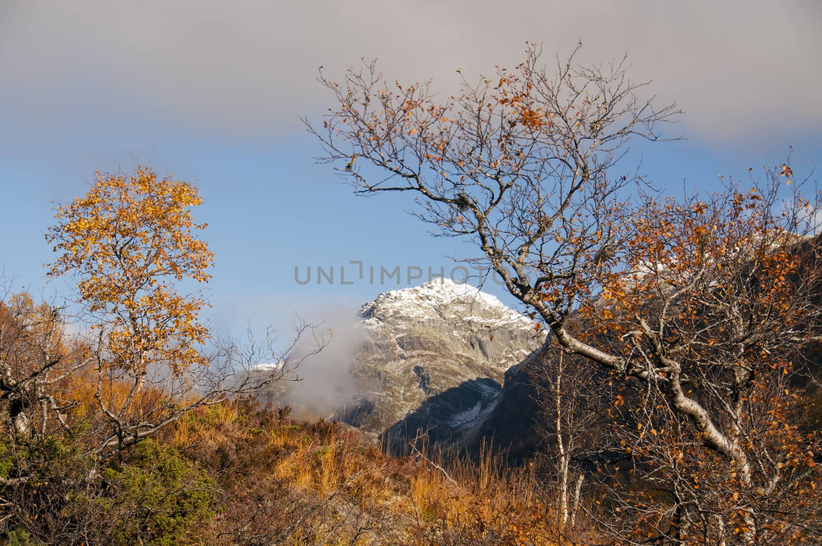 A mountain peak covered in first snow in autumn