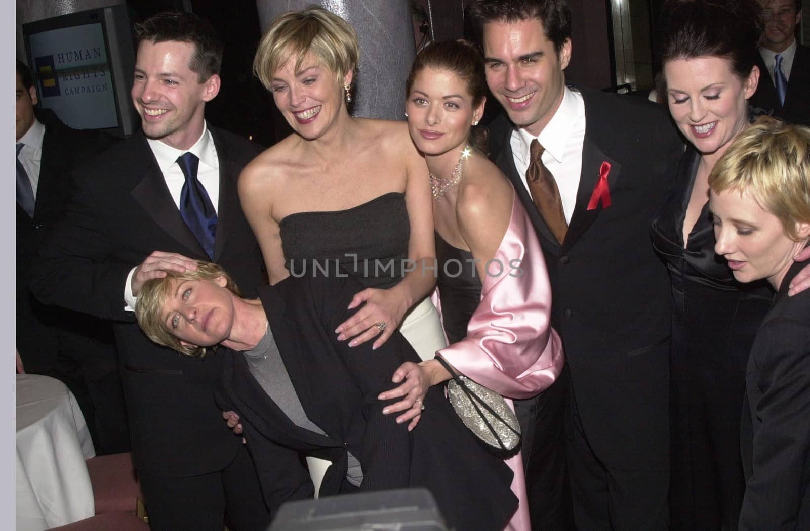 Sean Hayes, Sharon Stone, Debra Messing, Eric McCormack, Megan Mullally, Anne Heche and Ellen Degeneres at the Human Rights Campaign Gala, 02-19-00