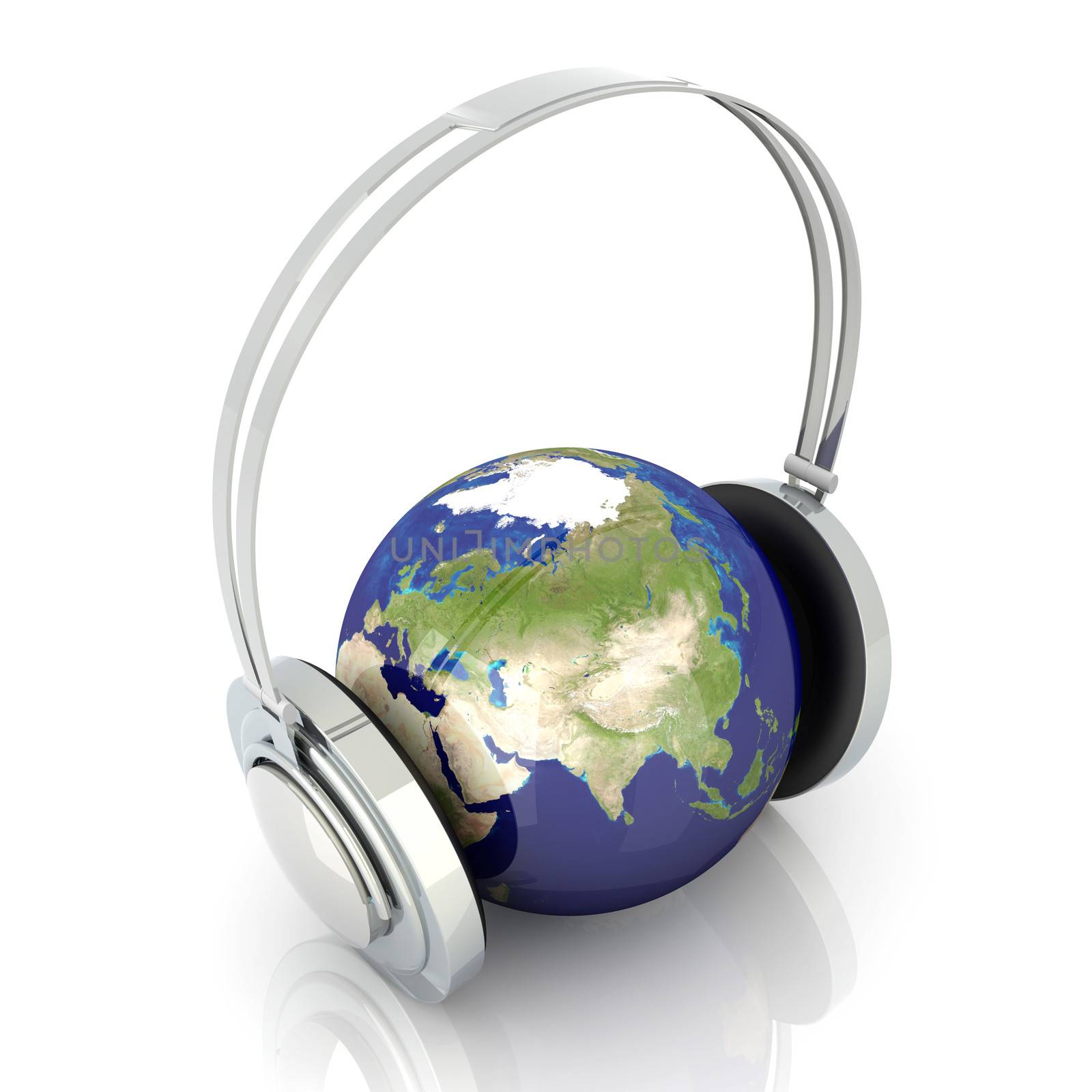 The music of Asia. Headphones and a world globe. 3D rendered Illustration. 