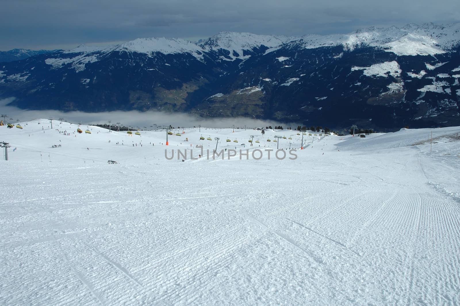 Snow on the slope in Zillertal valley in Austria