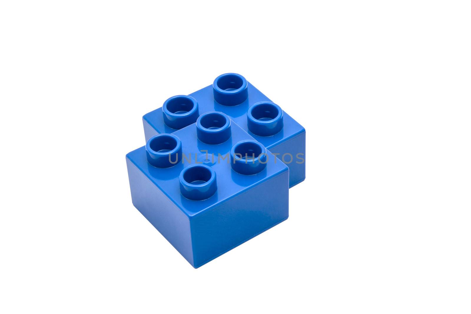 Blue building blocks closeup on white background 