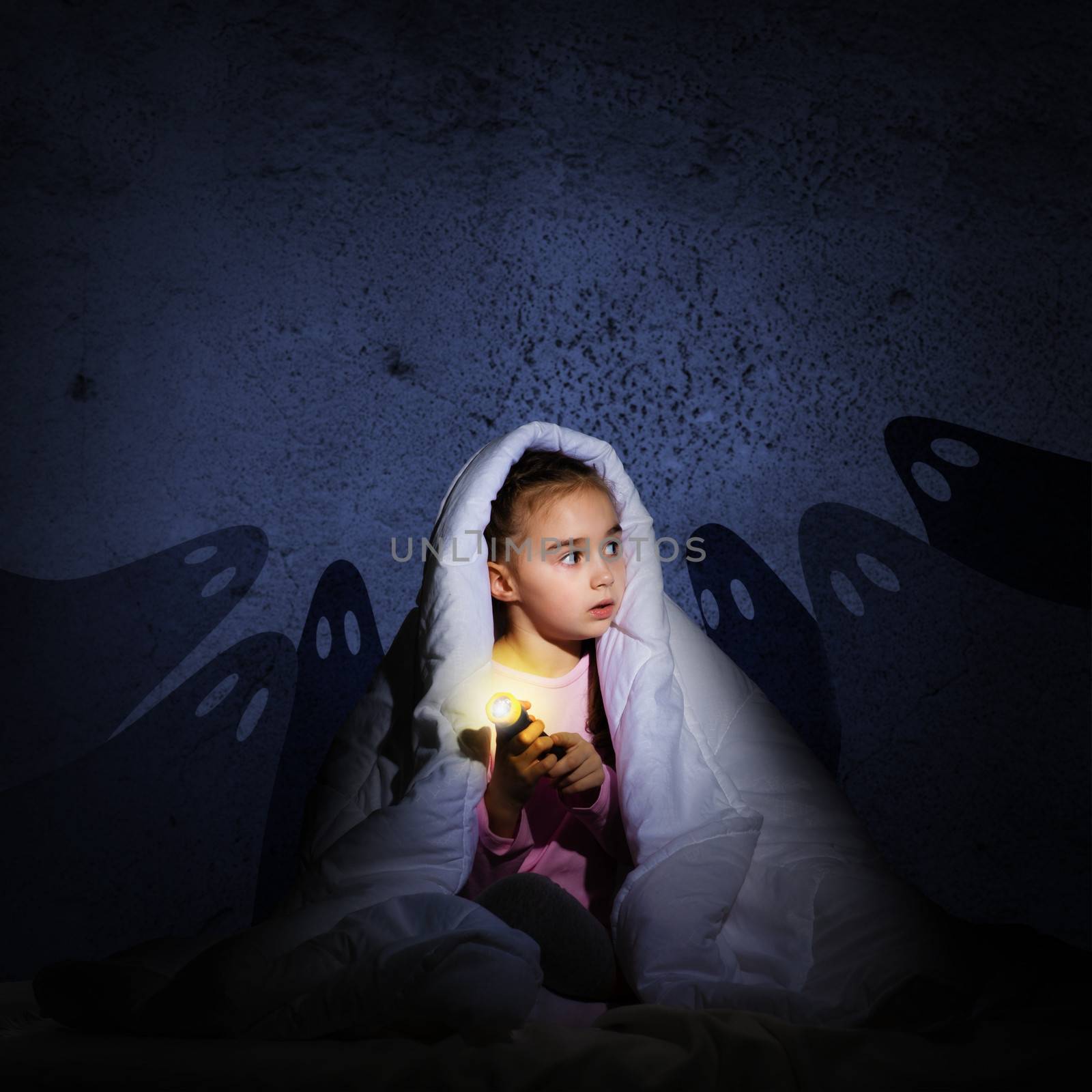 girl under the covers with a flashlight by adam121