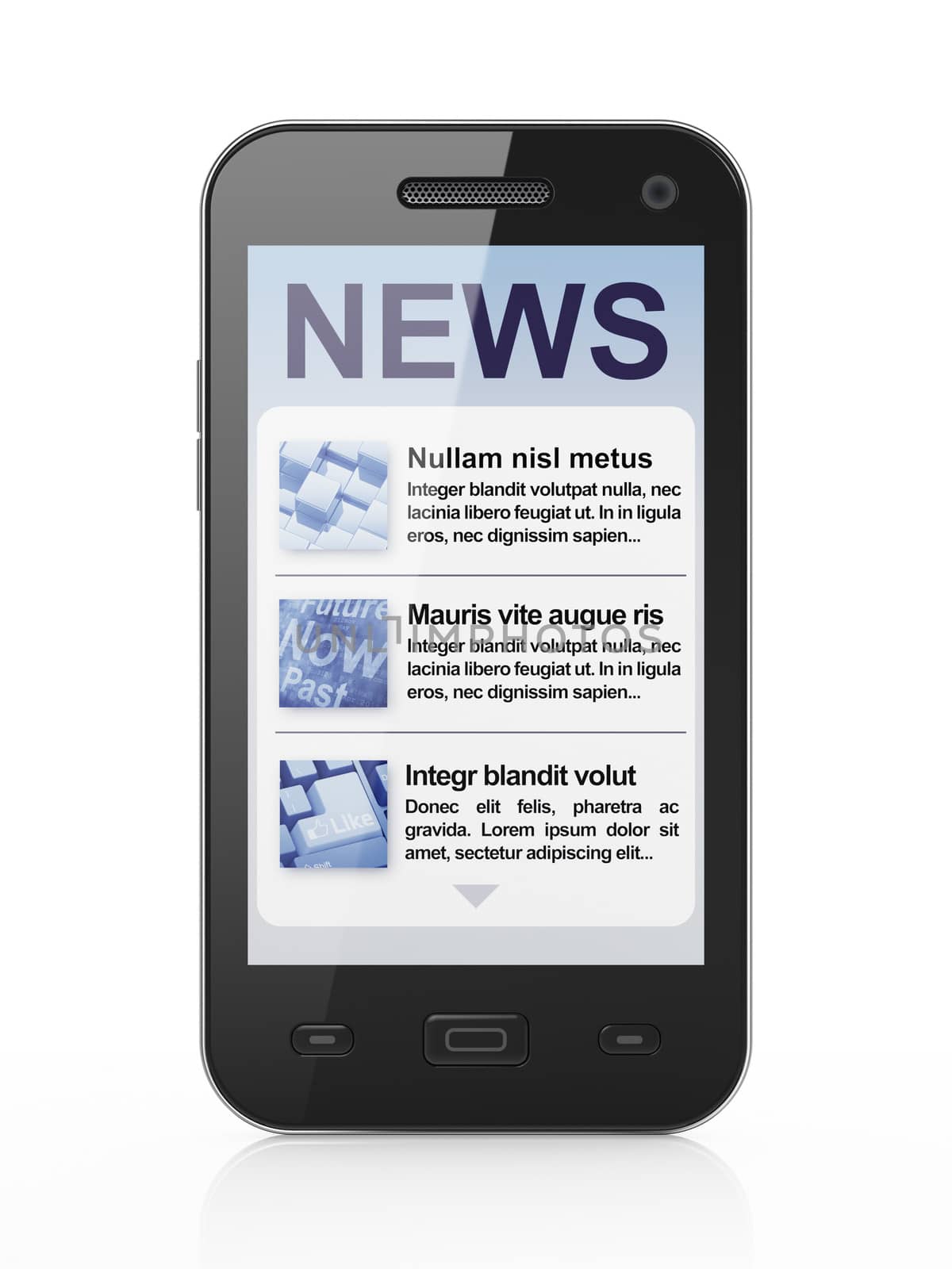 Digital news on smartphone screen, 3d render