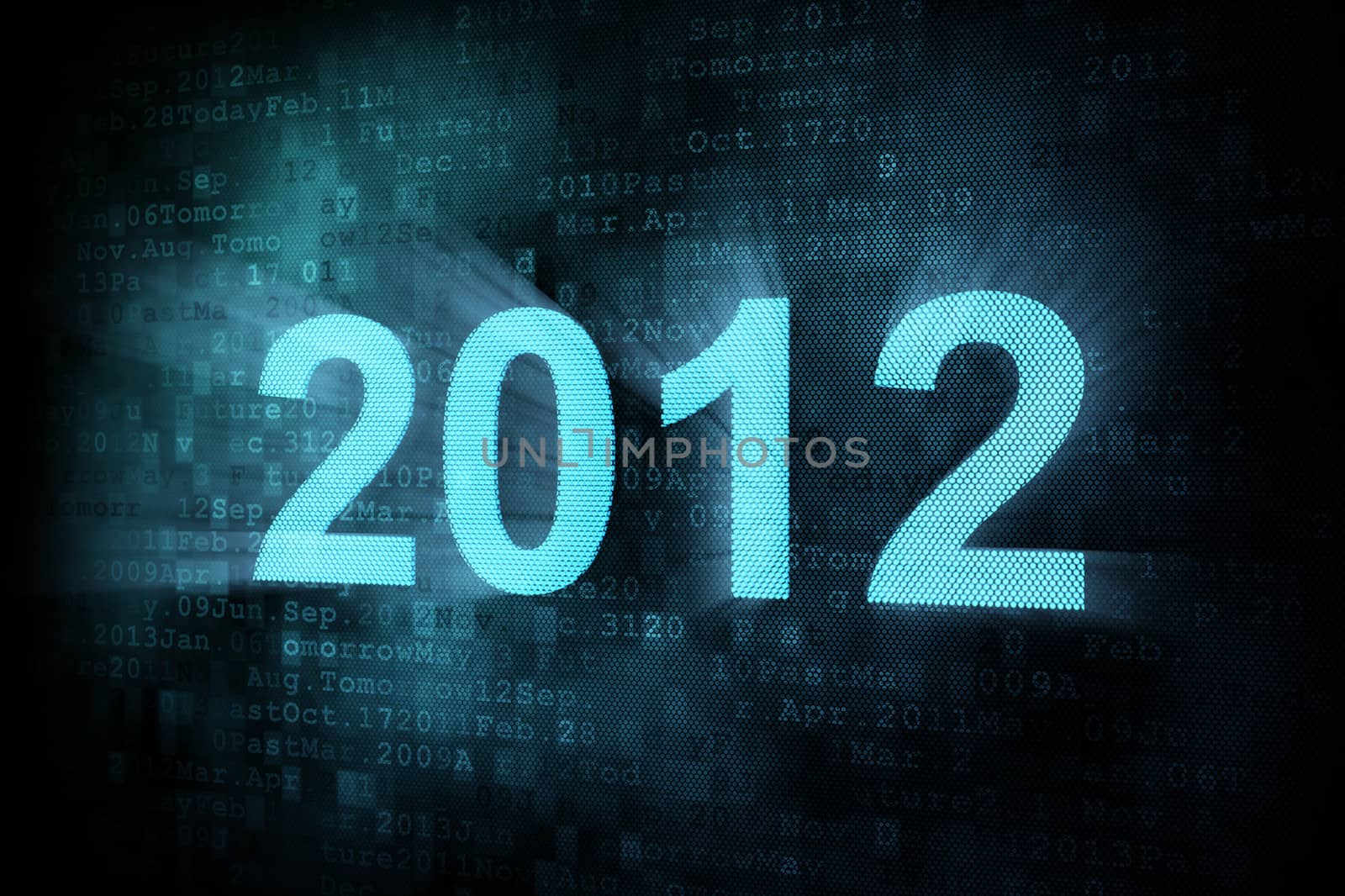 Timeline concept: pixeled word 2012 on digital screen, 3d render