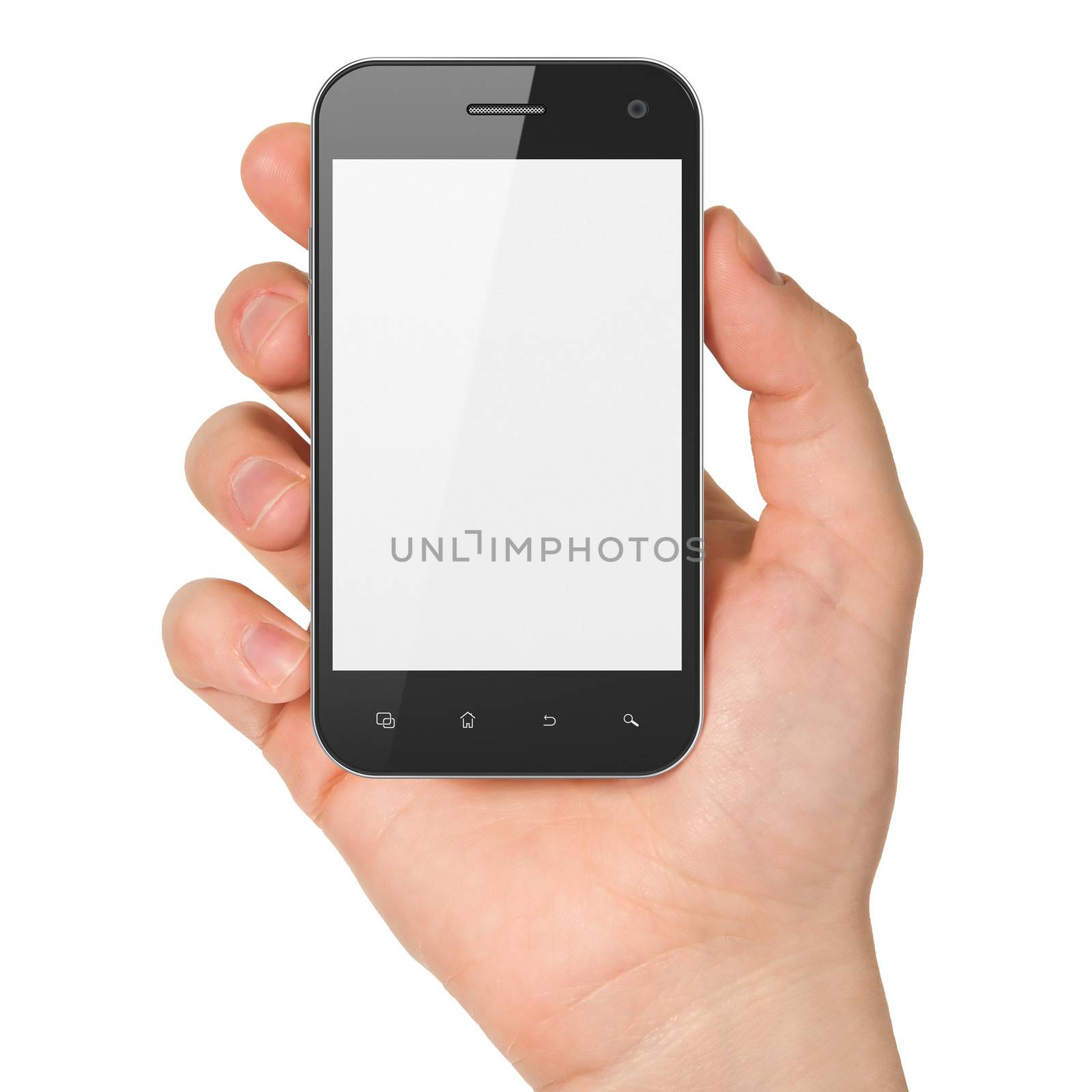Hand holding smartphone on white background. Generic mobile smart phone, 3d render