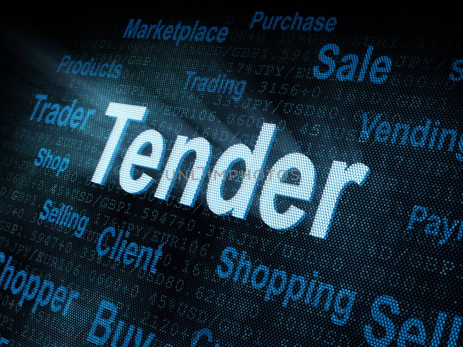 Pixeled word Tender on digital screen 3d render .