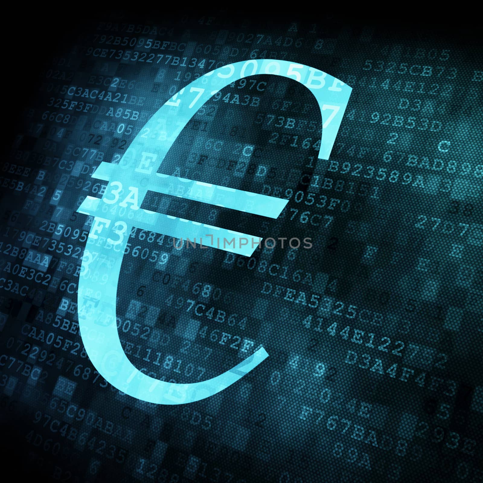 Euro sign on digital screen, 3d render