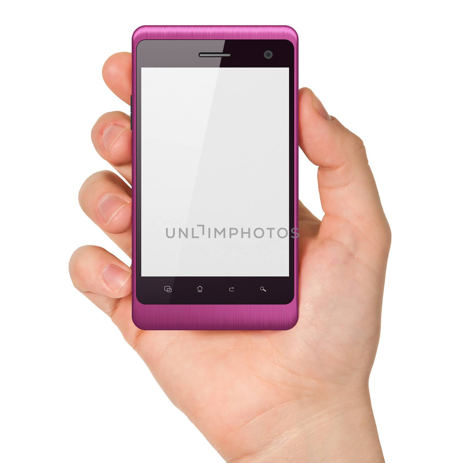 Hand holding smartphone on white background. Generic mobile smart phone, 3d render