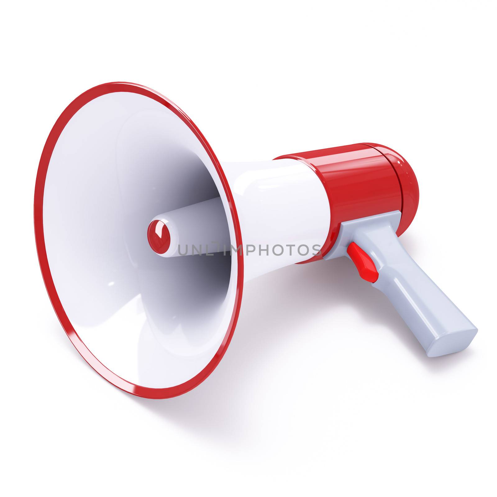 Red megaphone with red button isolated on white background.