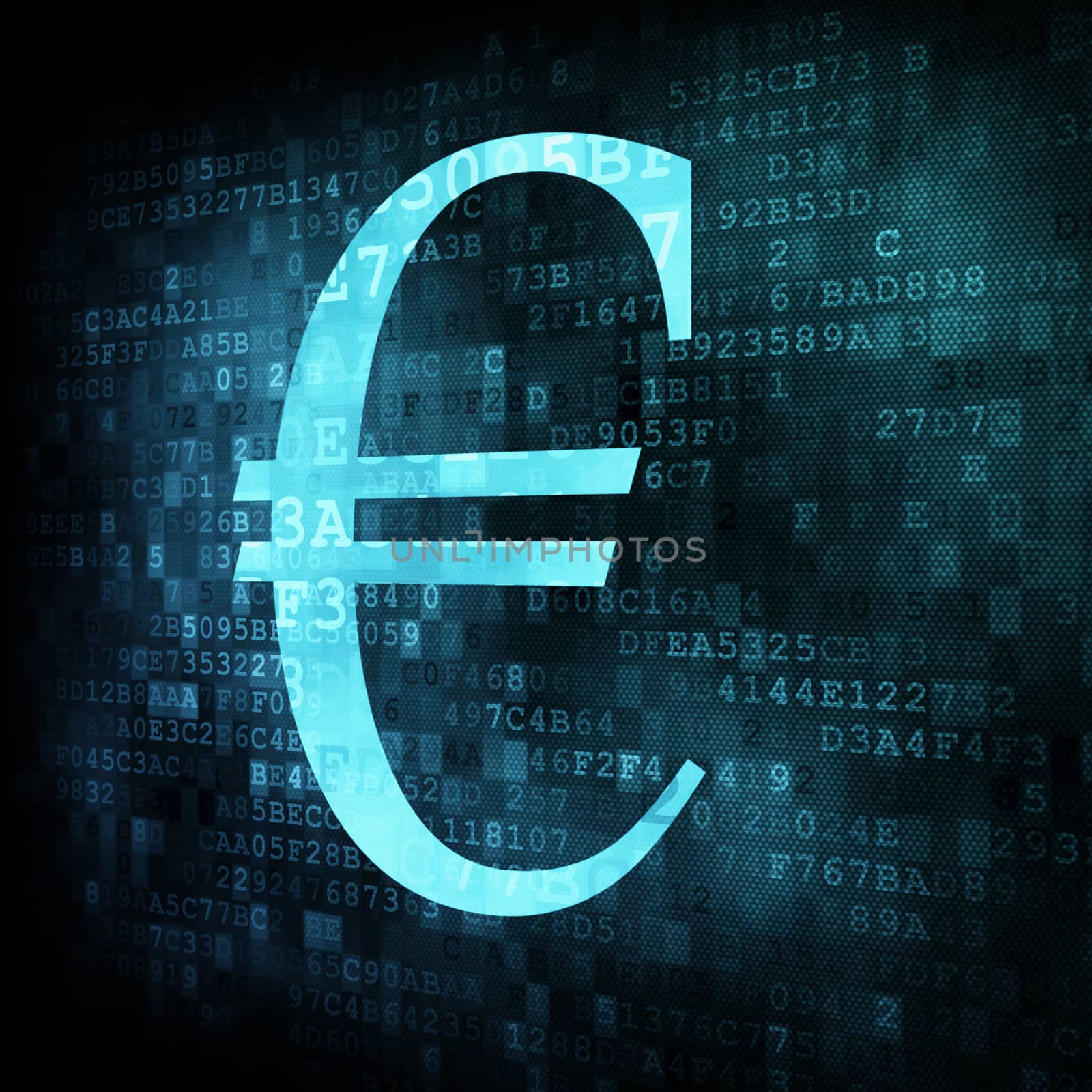 Euro sign on digital screen, 3d render