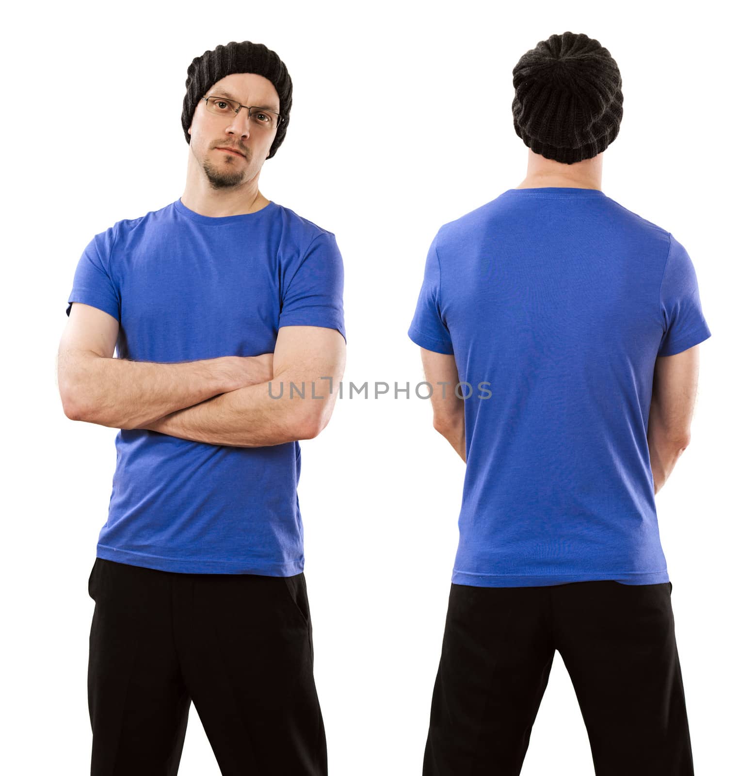 Man wearing blank blue shirt by sumners