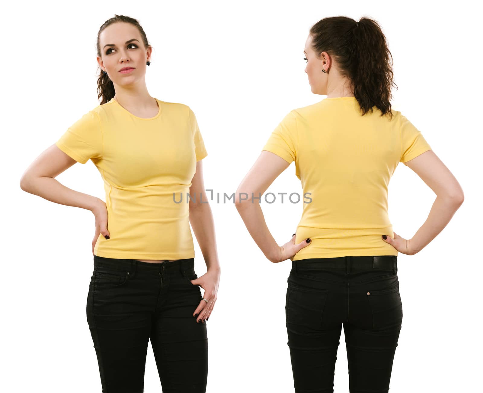 Young beautiful brunette female with blank yellow shirt, front and back. Ready for your design or artwork.
