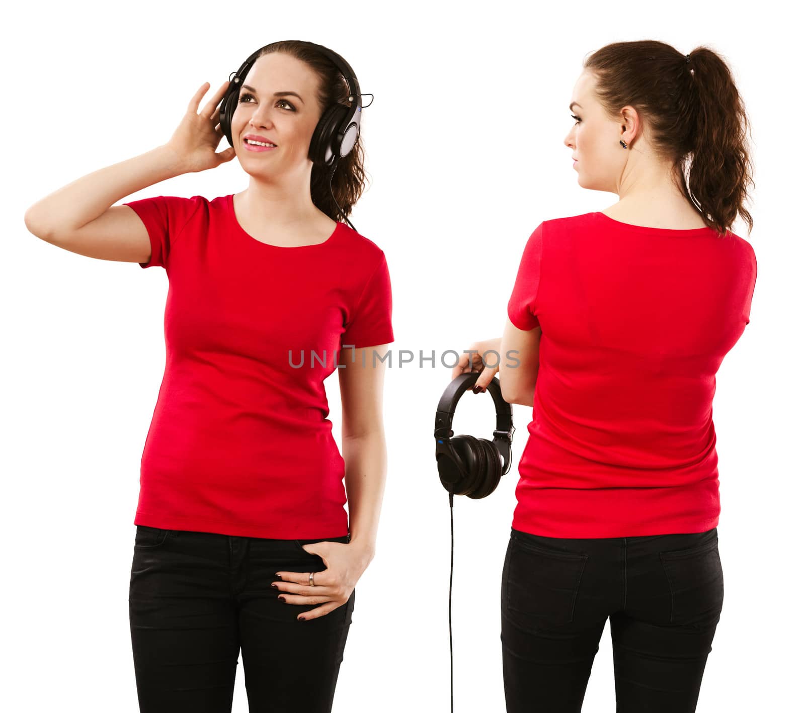 Young beautiful brunette female with blank red shirt listening to music, front and back. Ready for your design or artwork.