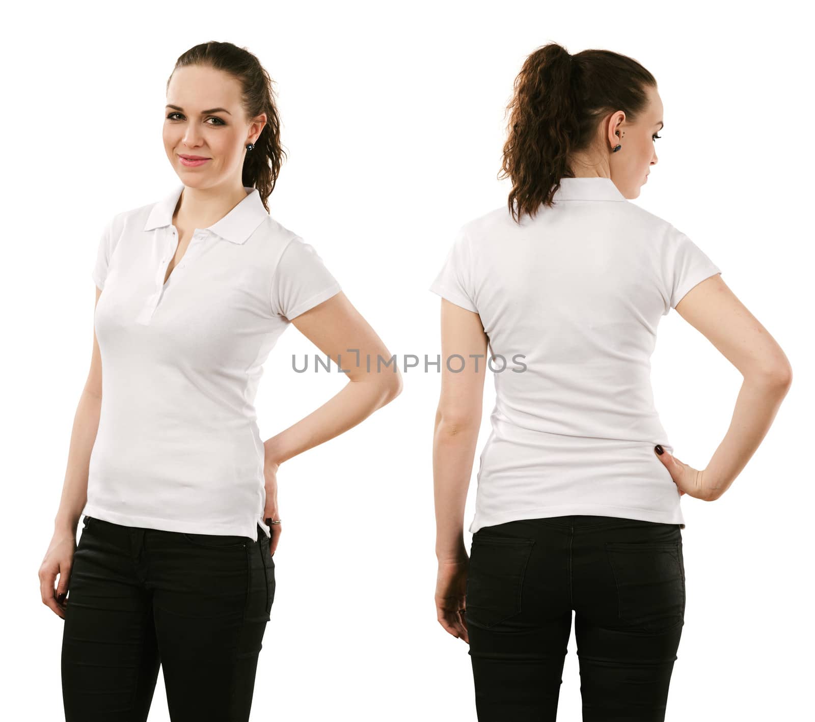 Smiling woman wearing blank white polo shirt by sumners