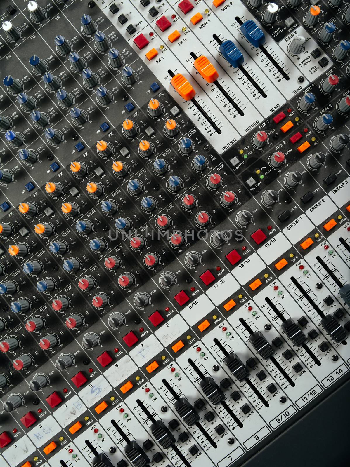 Photo of a recording studio mixer from above.