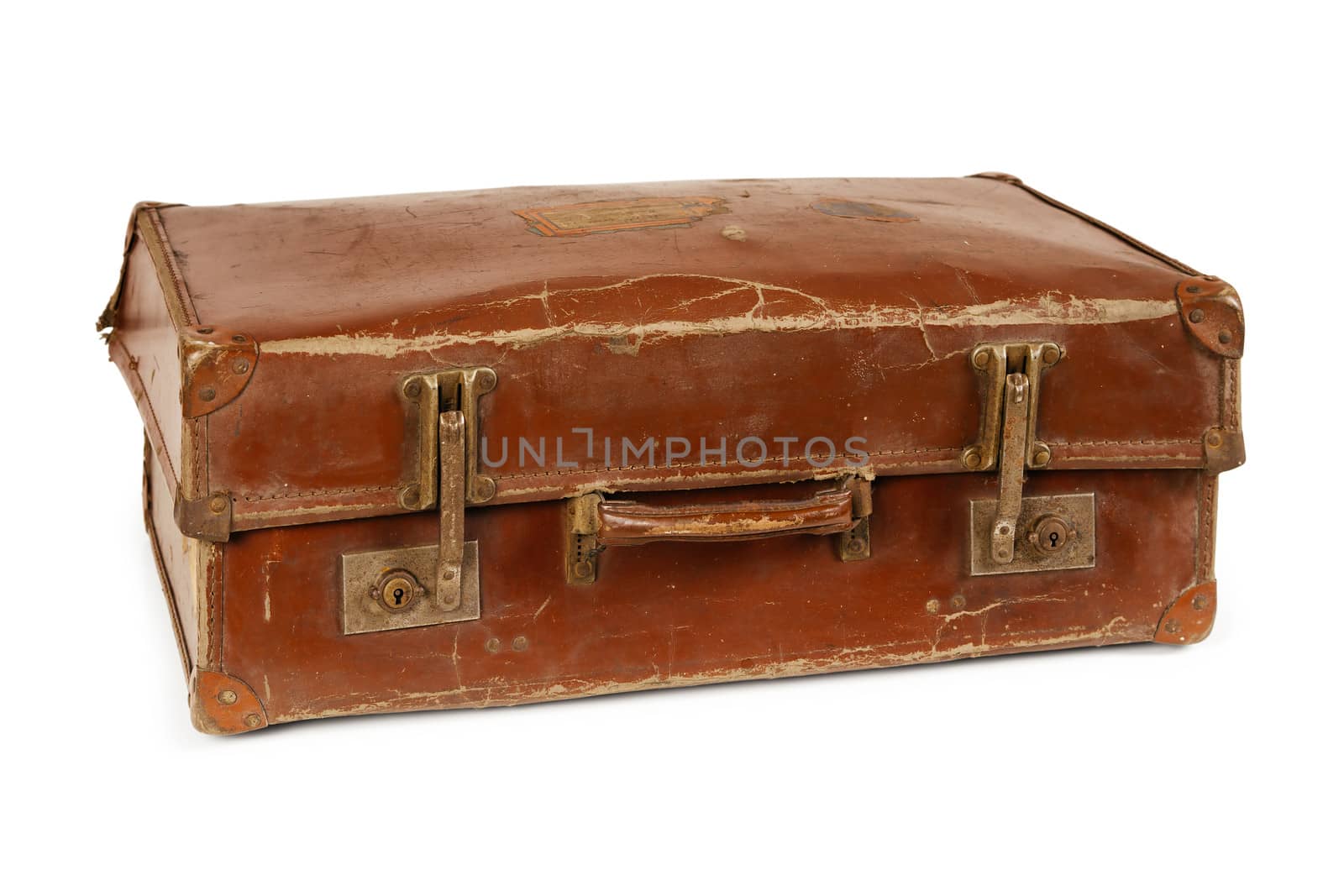 Photo of an old leather suitcase over a white background.
