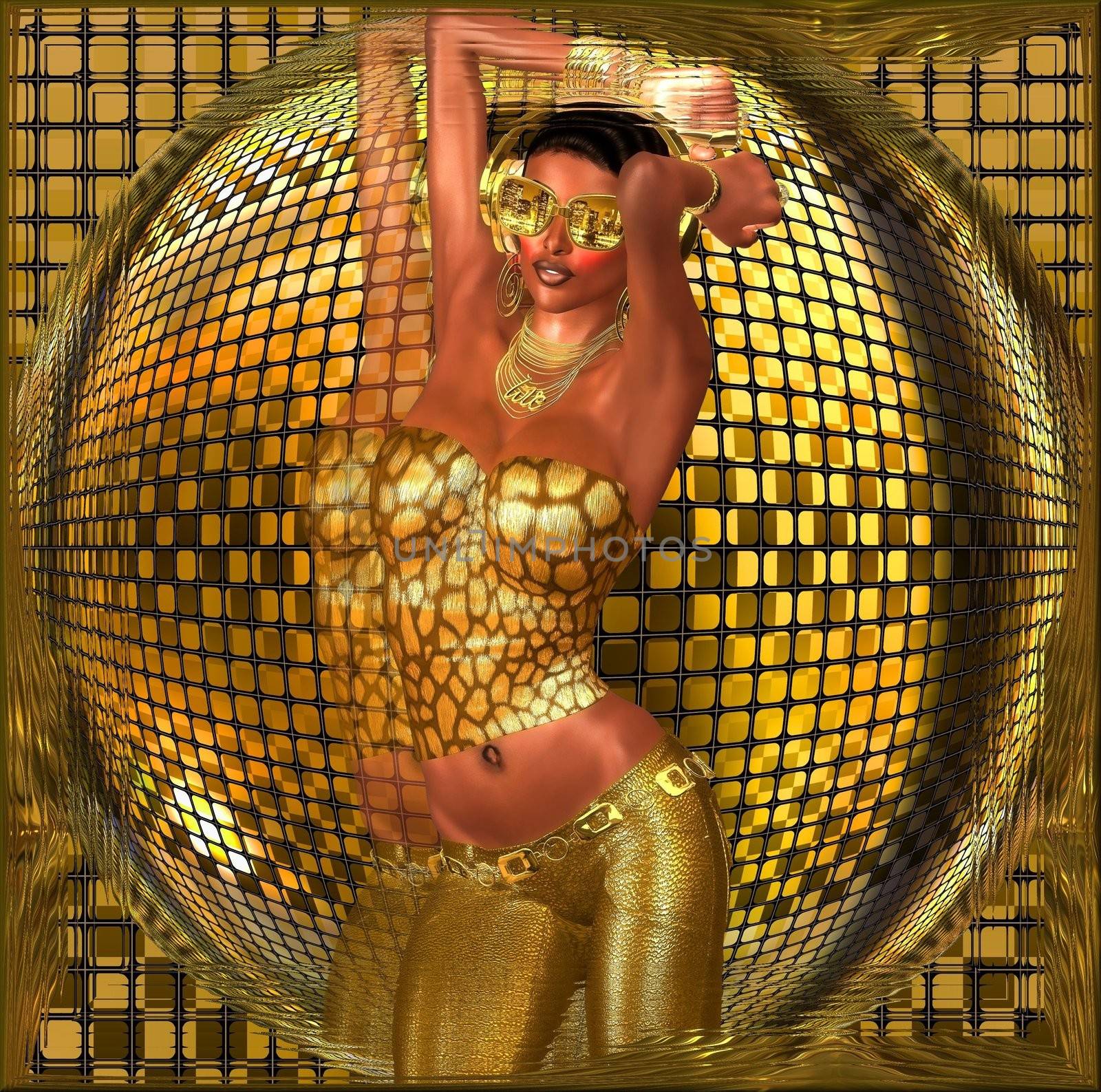 Disco ball dance girl. A sexy girl dances in front of a gold disco ball while wearing gold sunglasses, pants and a halter top. The DJ plays her favorite music as she ignites the night with her moves