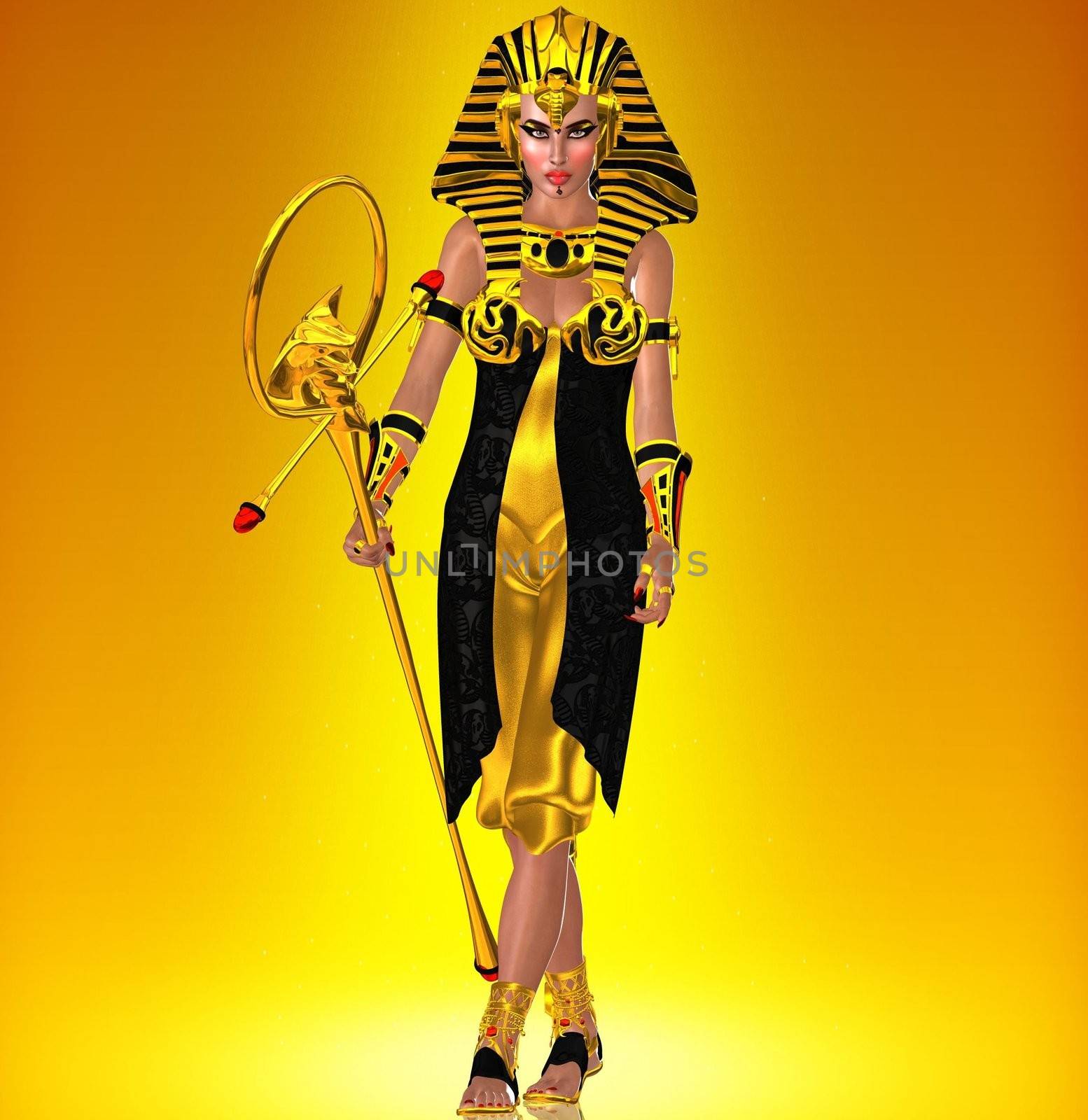 A powerful Egyptian woman who has anointed herself pharaoh, walks in a defiant manner, dressed in black and gold. Set on a gold abstract background to enhance the image of wealth.