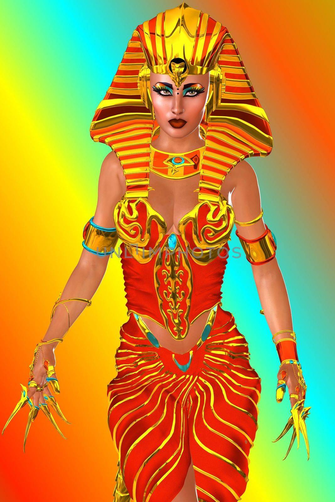 A conceptual image of a beautiful Pharaoh Queen standing in a powerful posture. Her body is adorned with jewels including long golden finger nail accessories. Her red dress is also laced with gold.