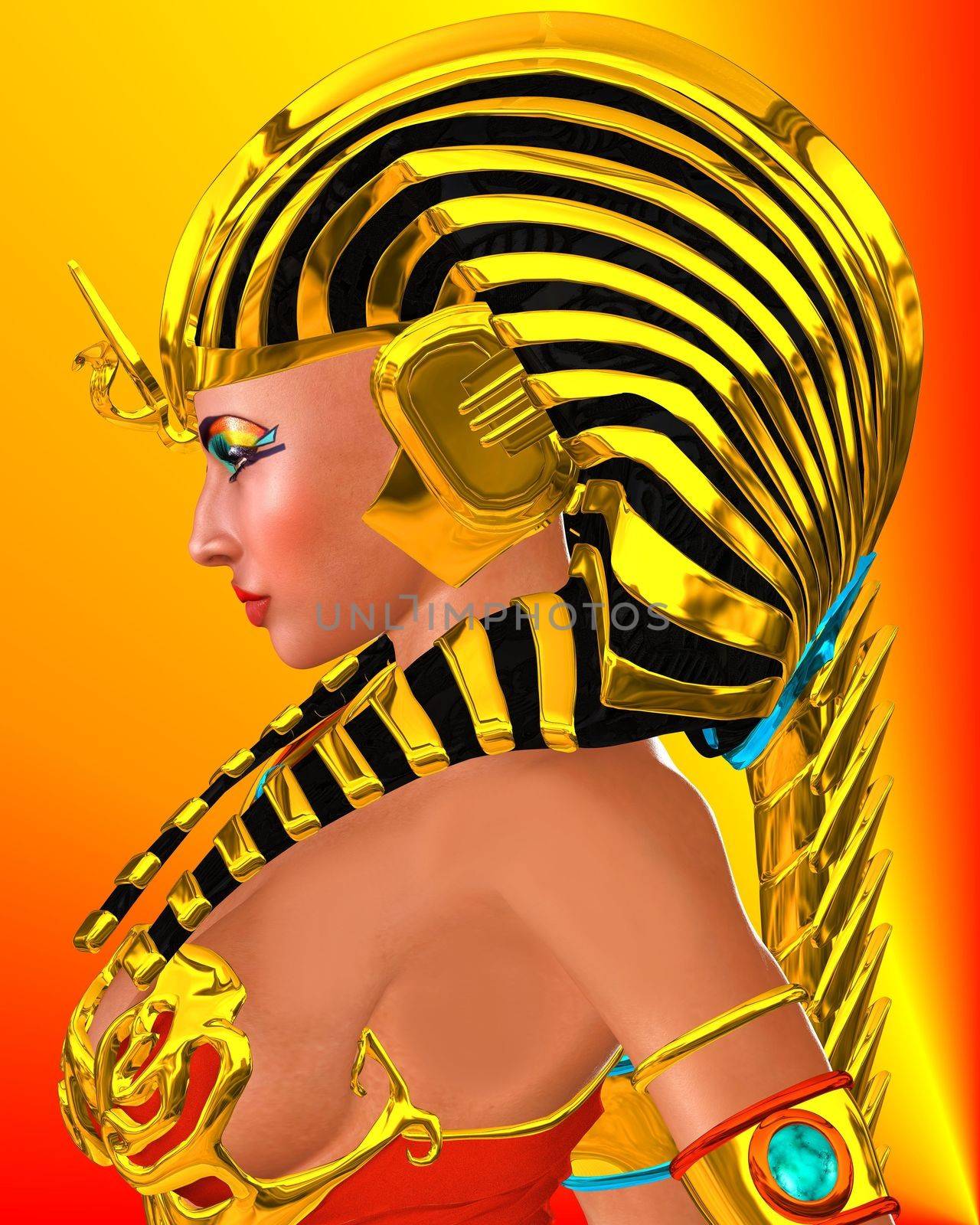 Profile of Egyptian woman Pharaoh Queen on abstract orange and red background. Artistic close up of Cleopatra or Nefertiti would be applicable or any powerful Egyptian woman.