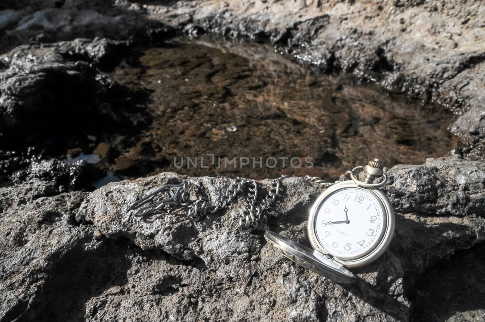 Time Concept Classic Vintage Pocket Clock on the Volcanic Rocks