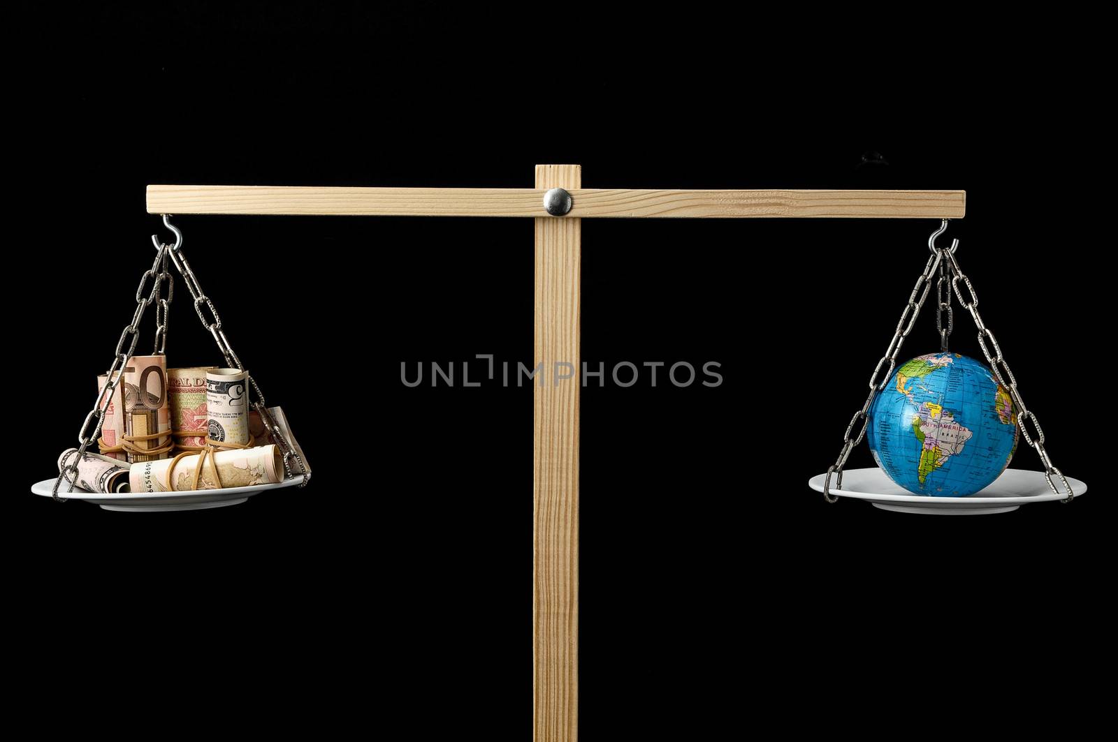 Globe Planet Earth and Money on a Two Pan Balance