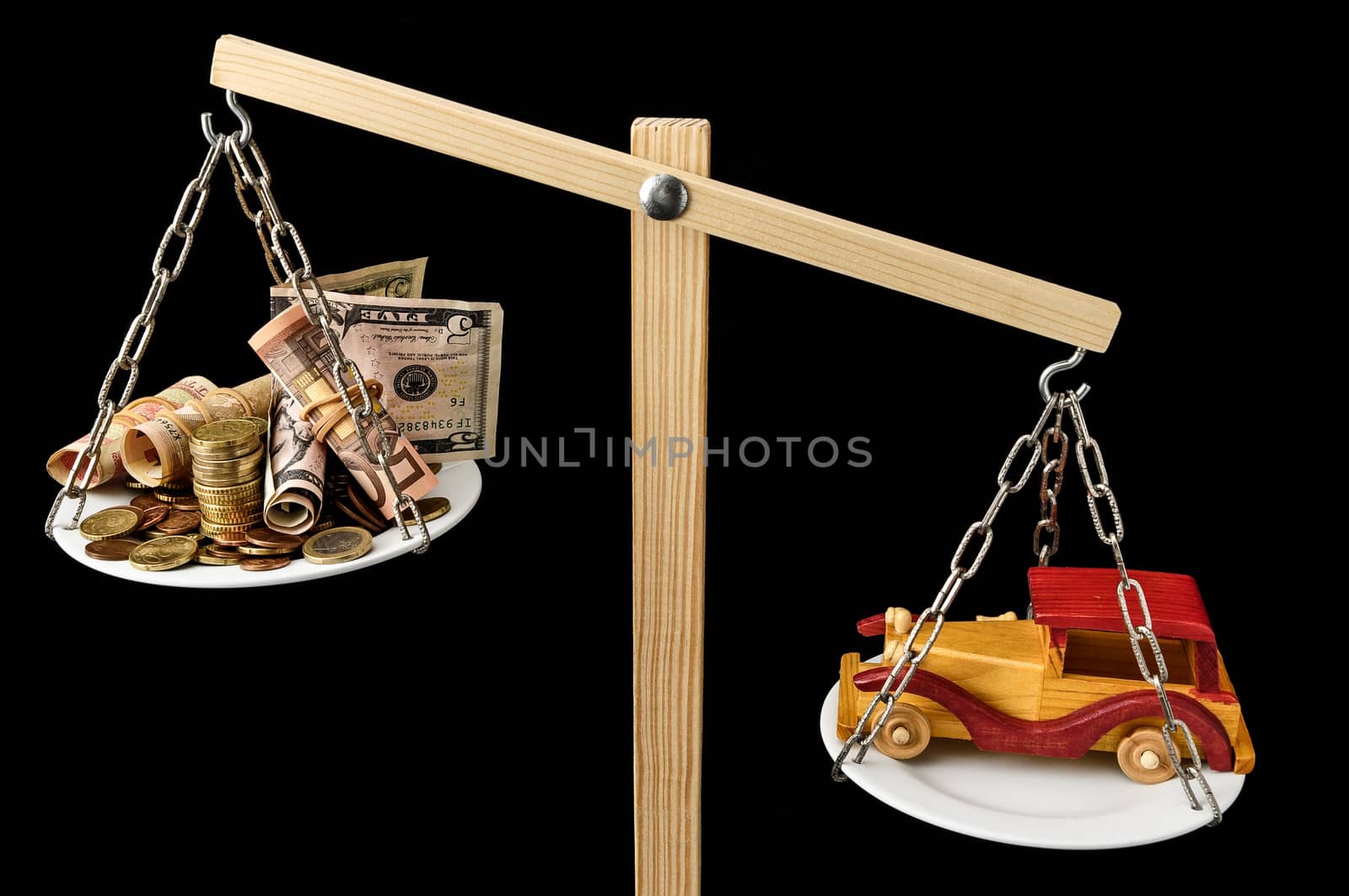 Money and Toy Wooden Car on a Two Pan Balance