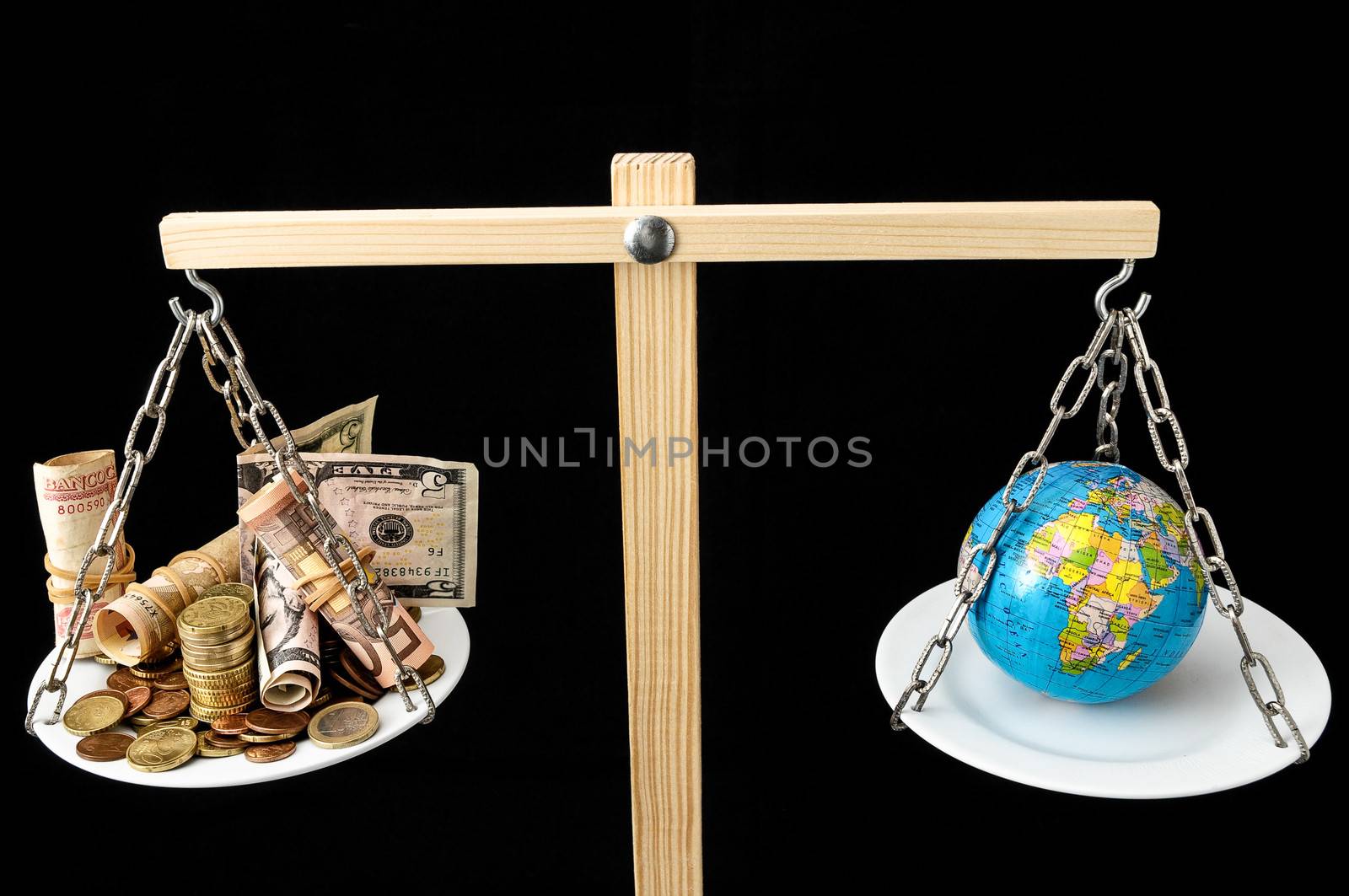 Globe Planet Earth and Money on a Two Pan Balance