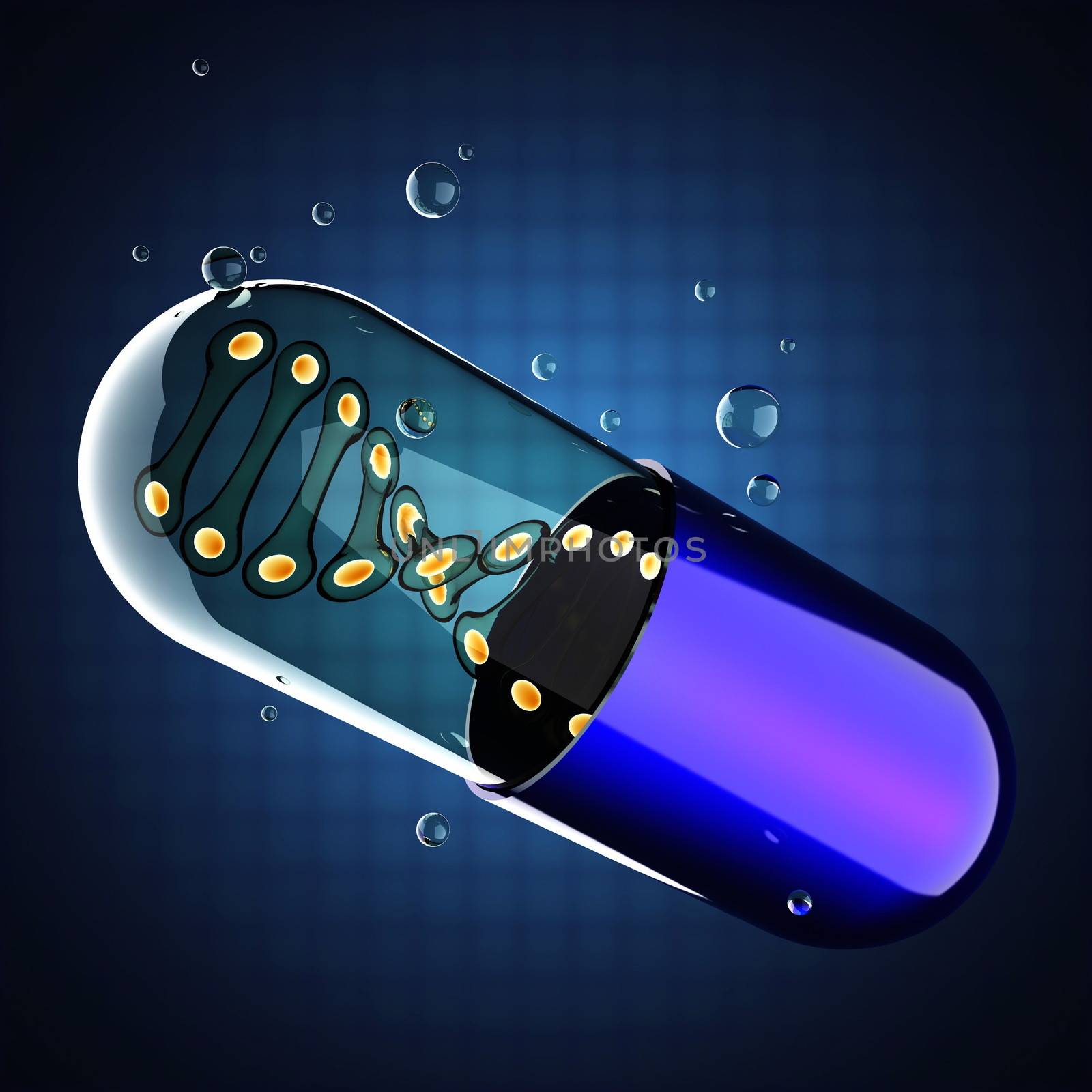 Transparent capsule on blue background