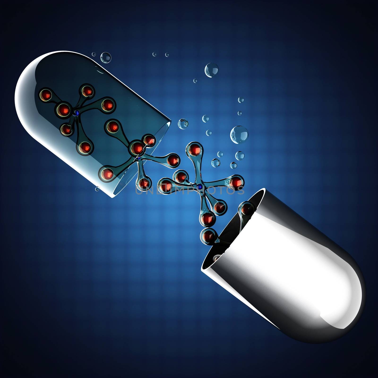 Transparent capsule on blue background