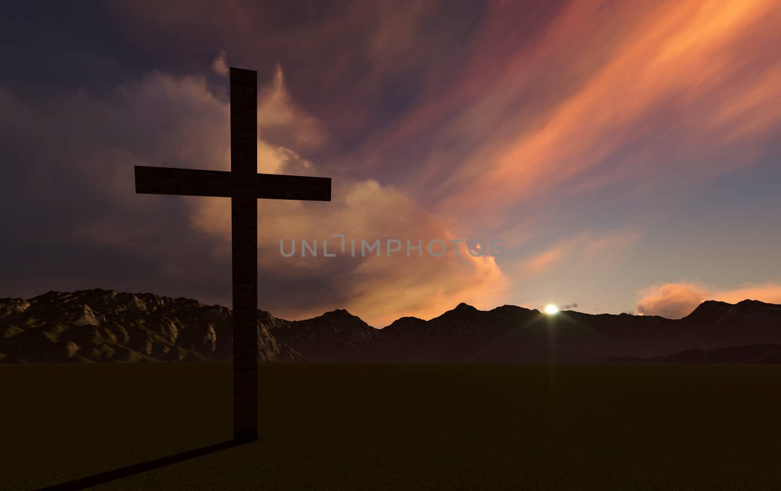 Dramatic sky silhouettes three wooden crosses with shafts of sunlight breaking through the clouds