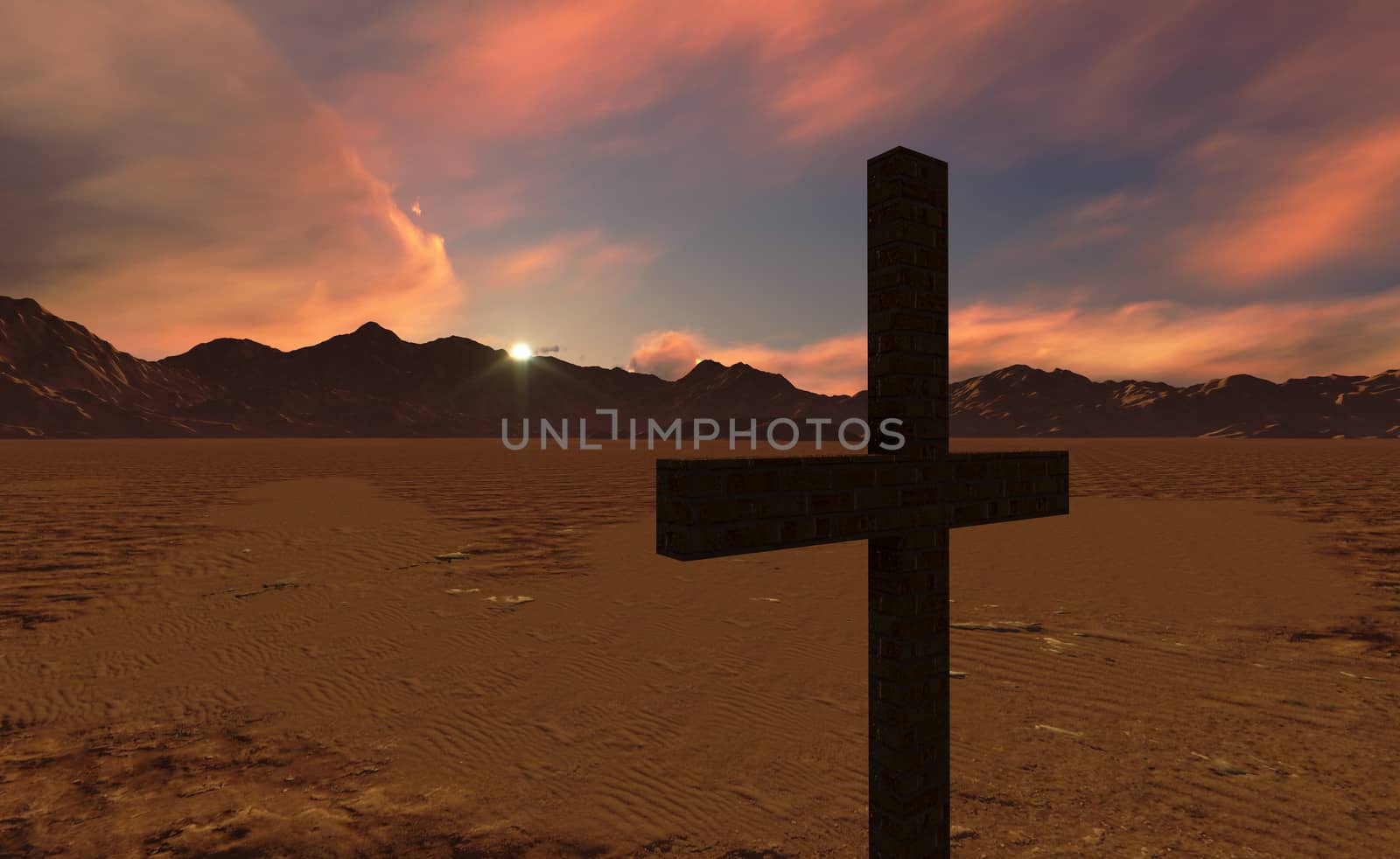 Dramatic sky silhouettes three wooden crosses with shafts of sunlight breaking through the clouds