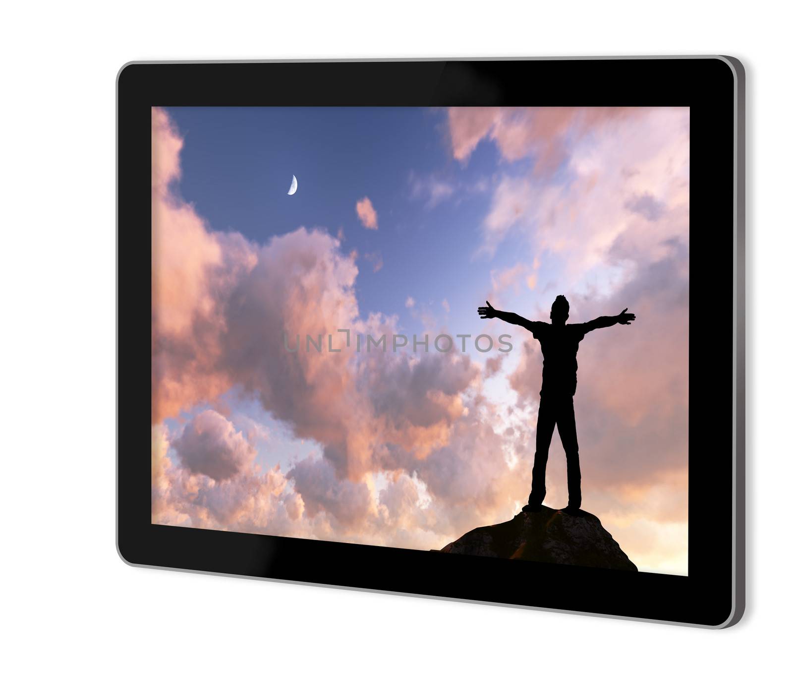 man' s silhouette with her hands raised in the sunset show  on tablet