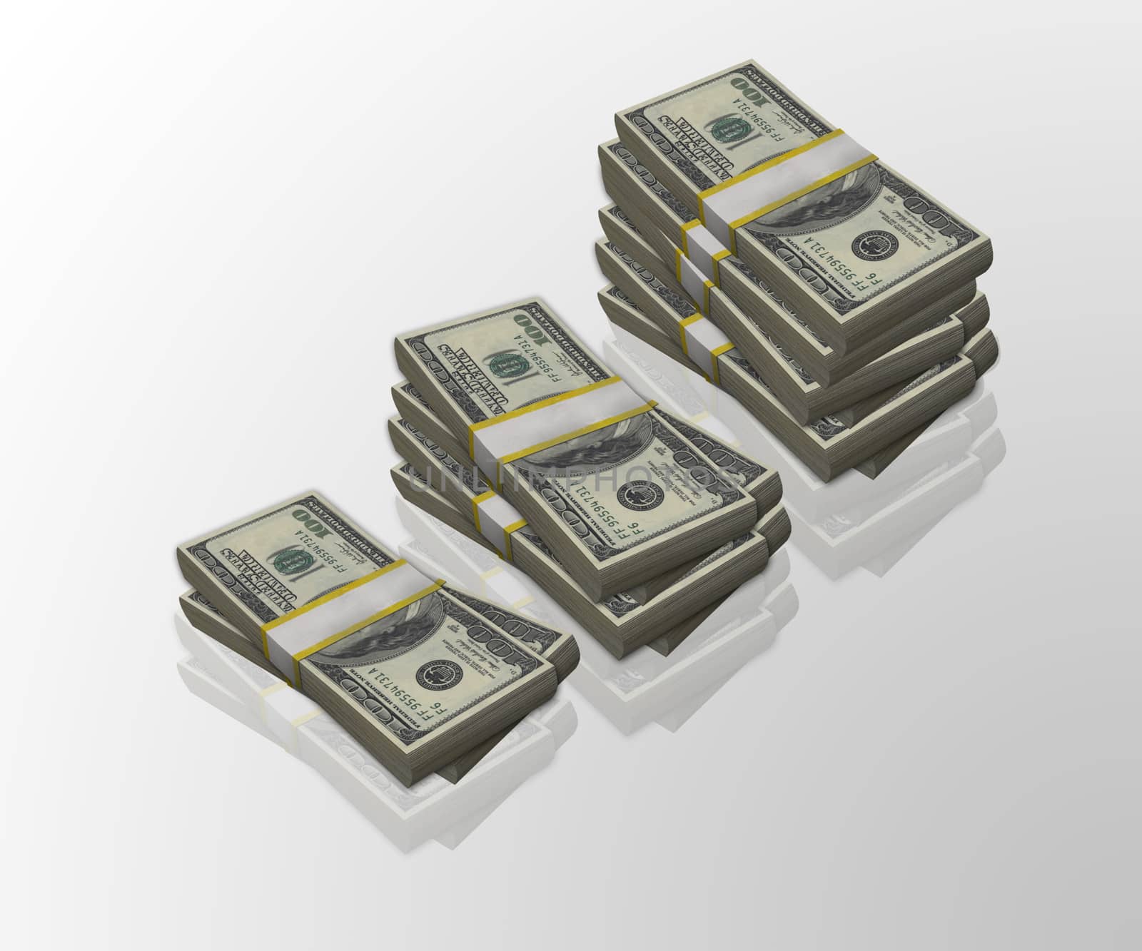 Increasingly higher stacks of 100 dollar bills, representing financial growth.Made in 3d software