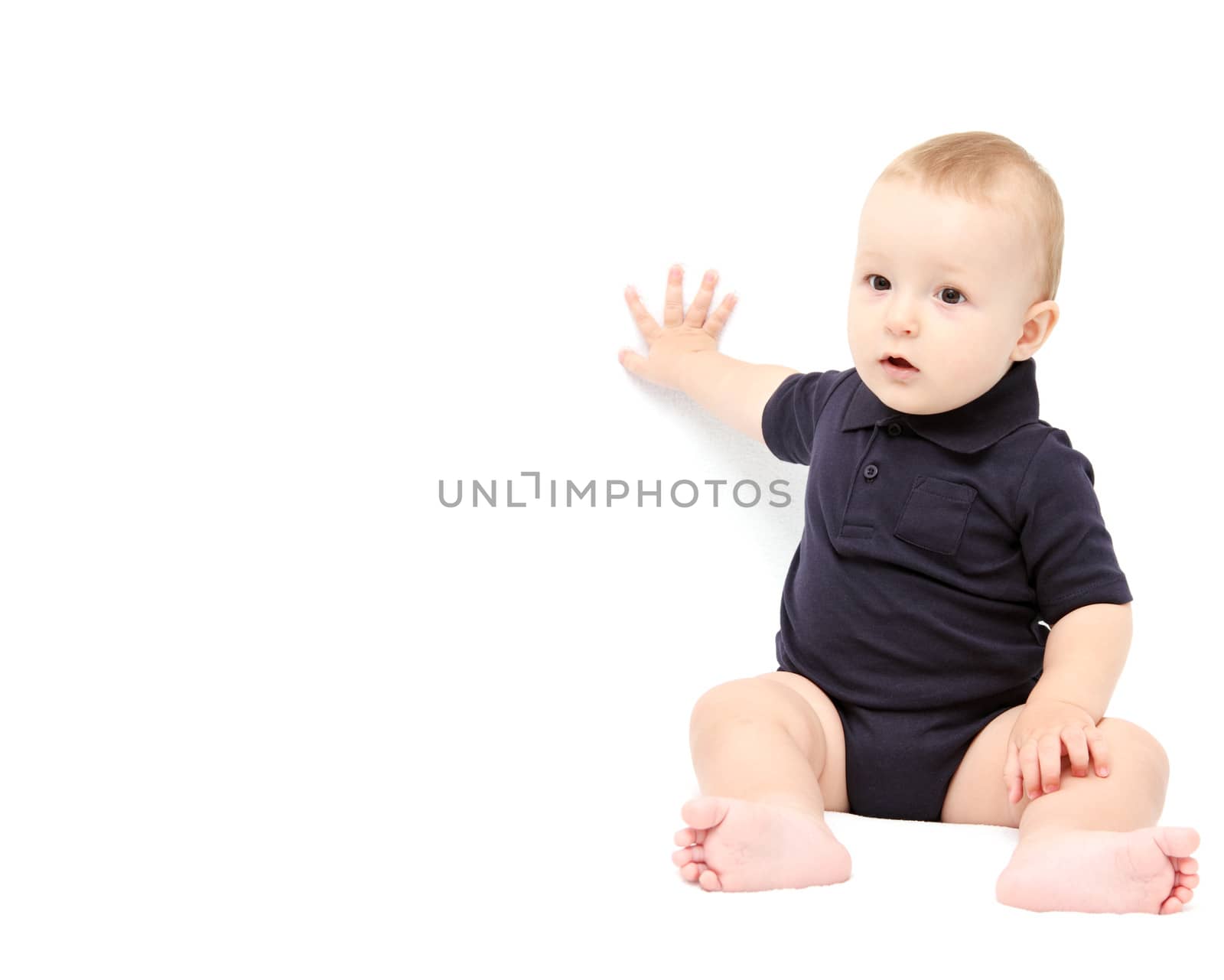 baby showing with hand on white background by NikolayK