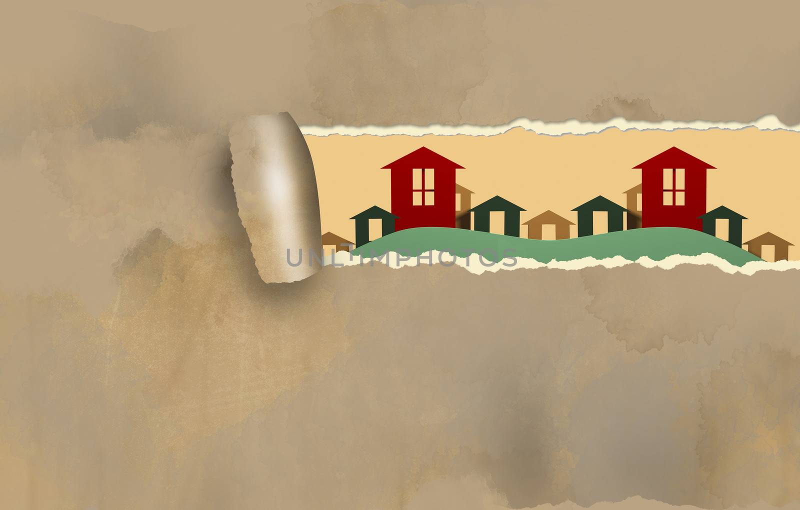 town in hole of old paper made in 2d software