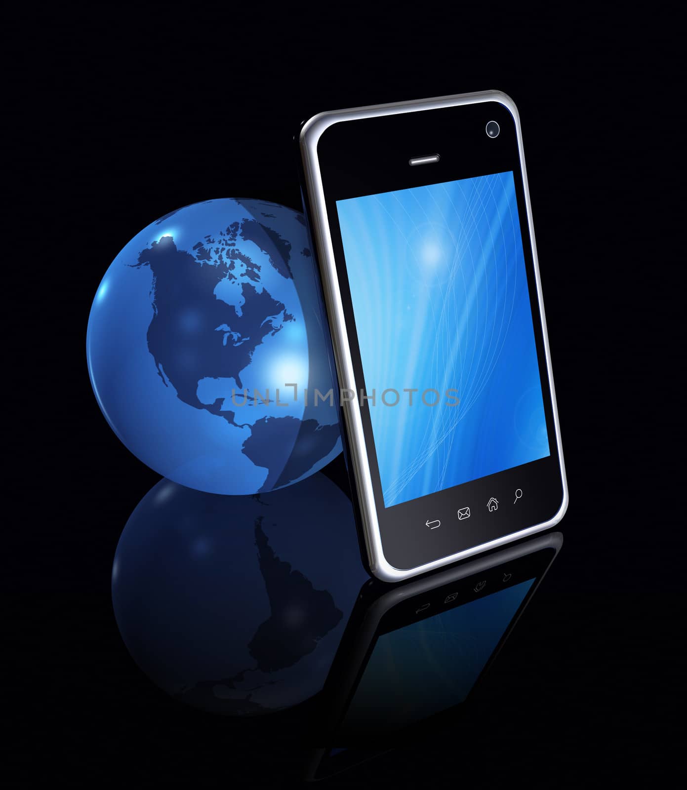 3D smartphone, mobile phone and world globe isolated on black