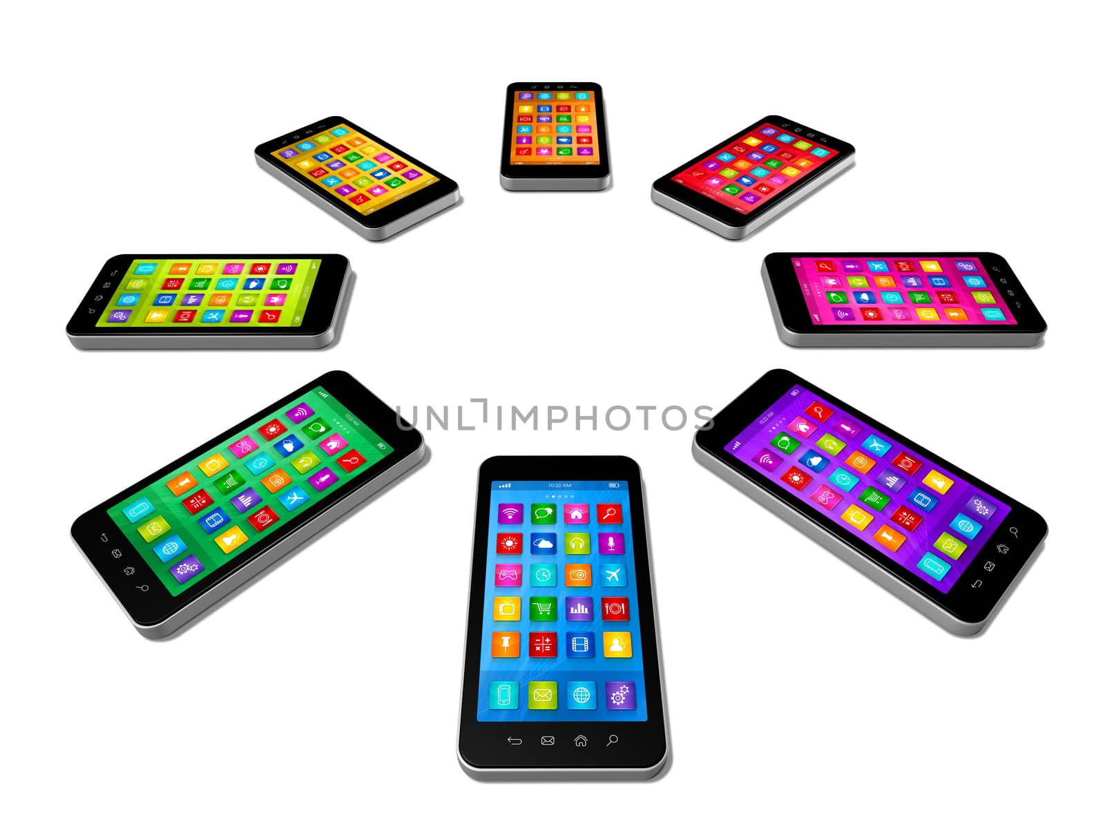 3D Smartphones Colors Set - apps icons interface - isolated on white