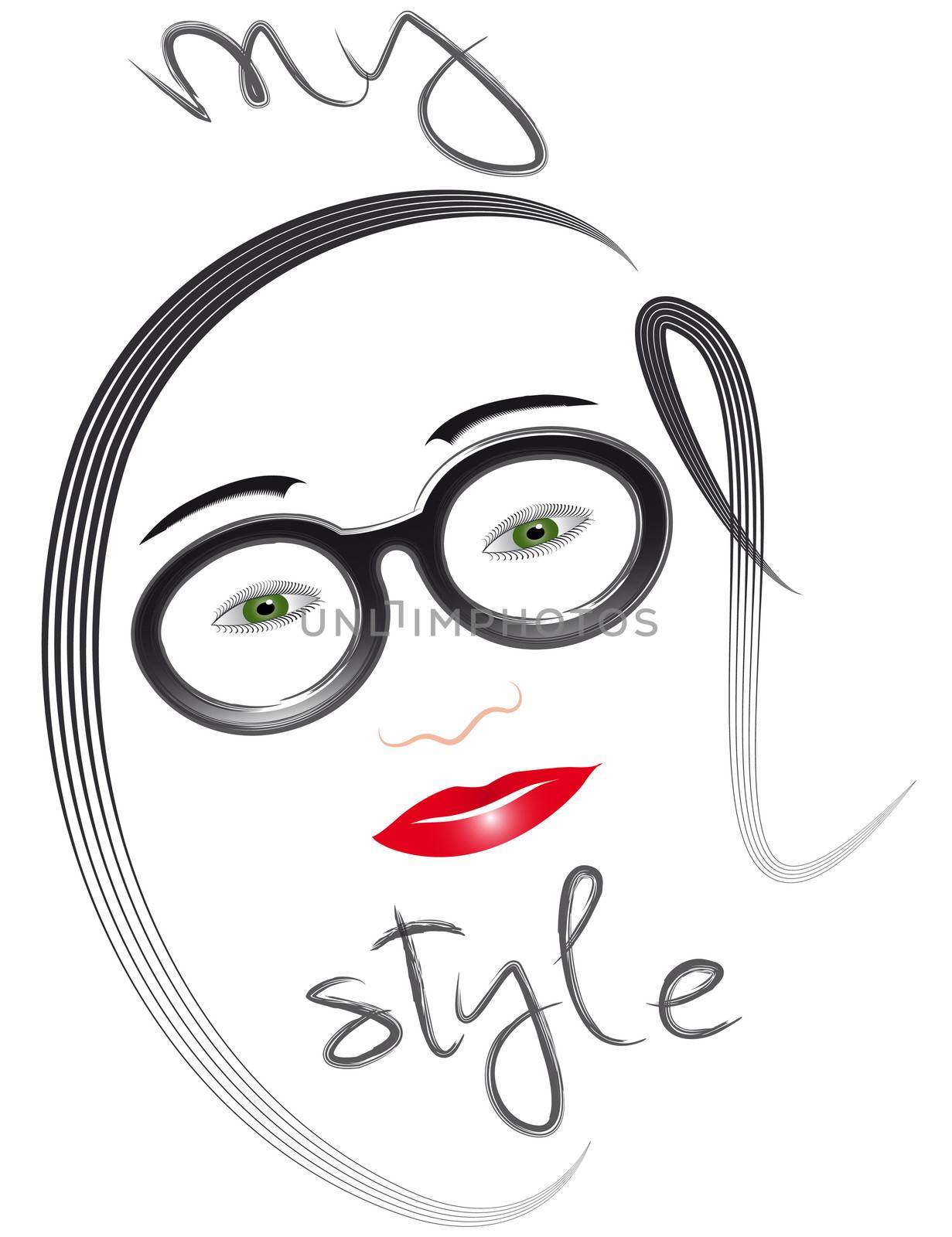 Illustration of a woman's face with glasses bearing the inscription My cool style, cool word is created from hair and glasses, isolated