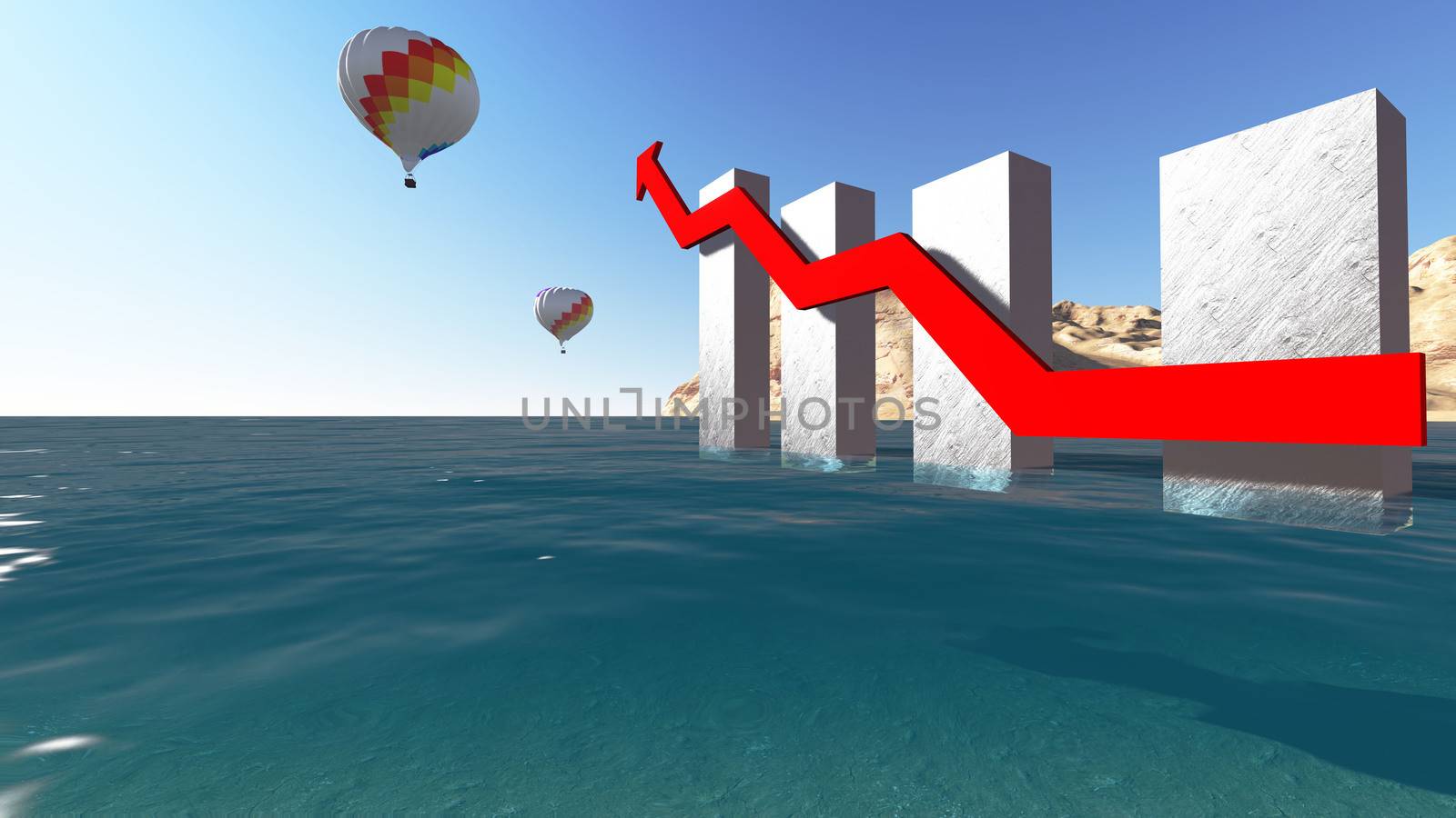 business graph monument under blue sky  with two hot baloons made in 3d software