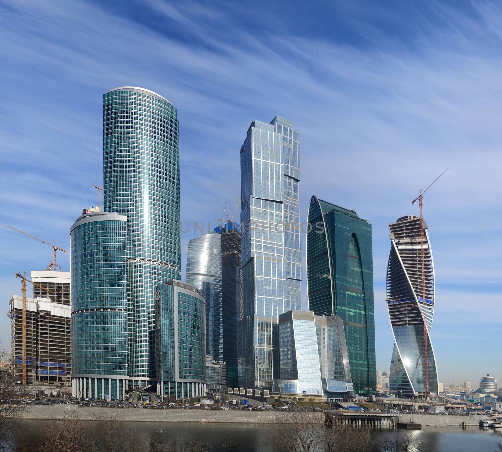 view on new Moscow City buildings from river 
