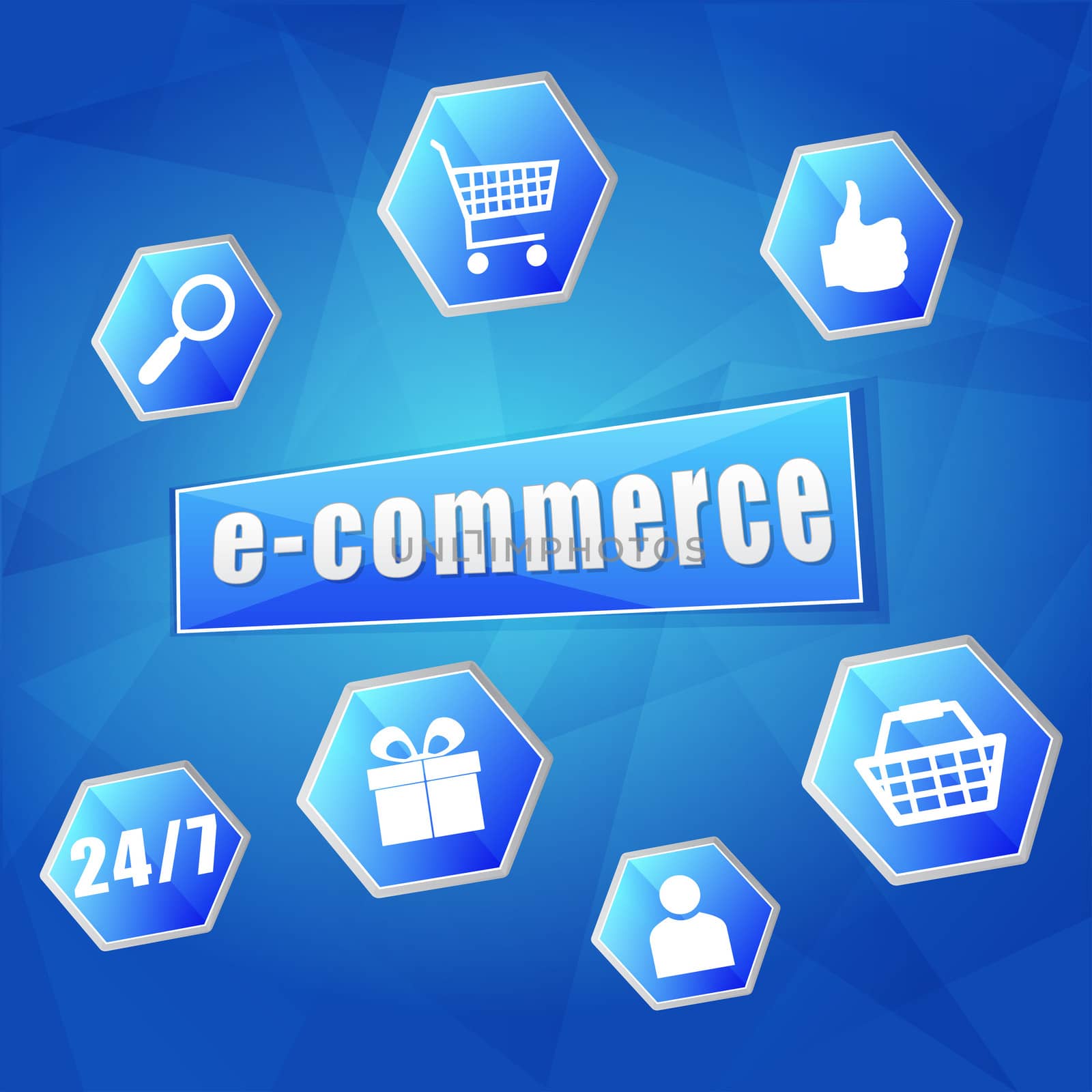 e-commerce and business internet concept signs - text and symbols in hexagons over blue background, flat design