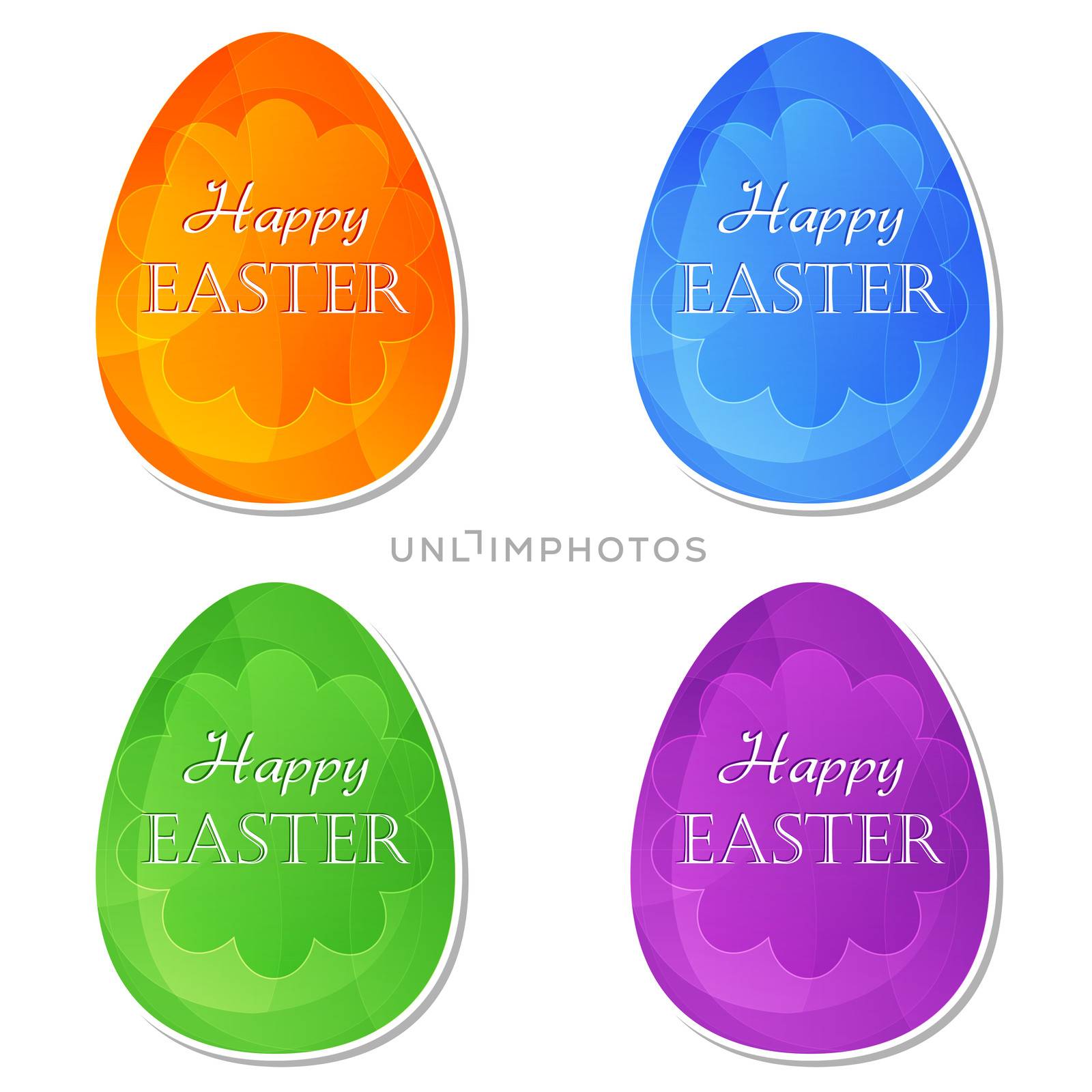 Happy Easter text on four colors labels, easter eggs with spring daisy flowers, holiday seasonal concept, flat design