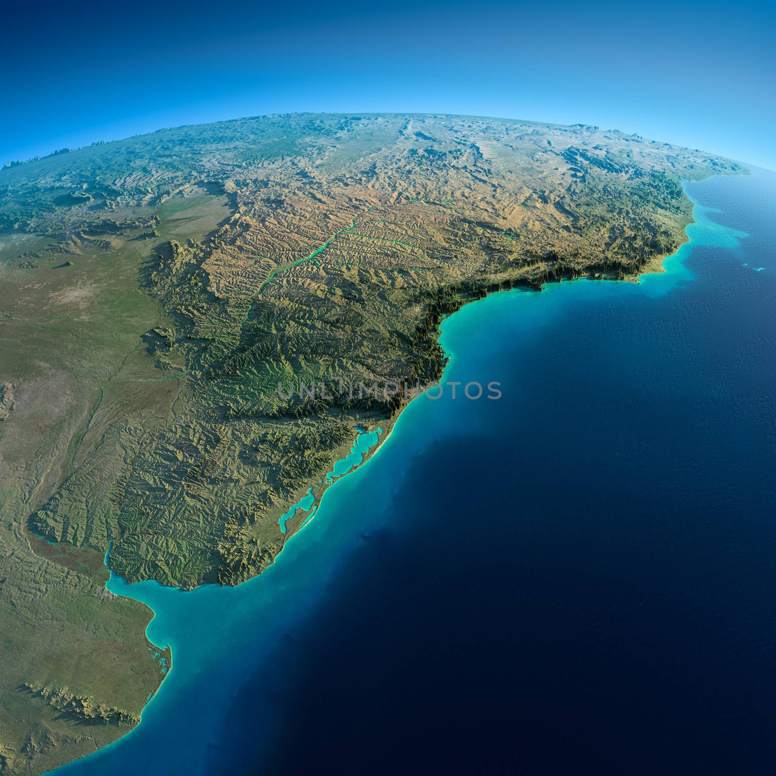 Highly detailed planet Earth in the morning. Exaggerated precise relief lit morning sun. Detailed Earth. South America. Rio de La Plata. Elements of this image furnished by NASA