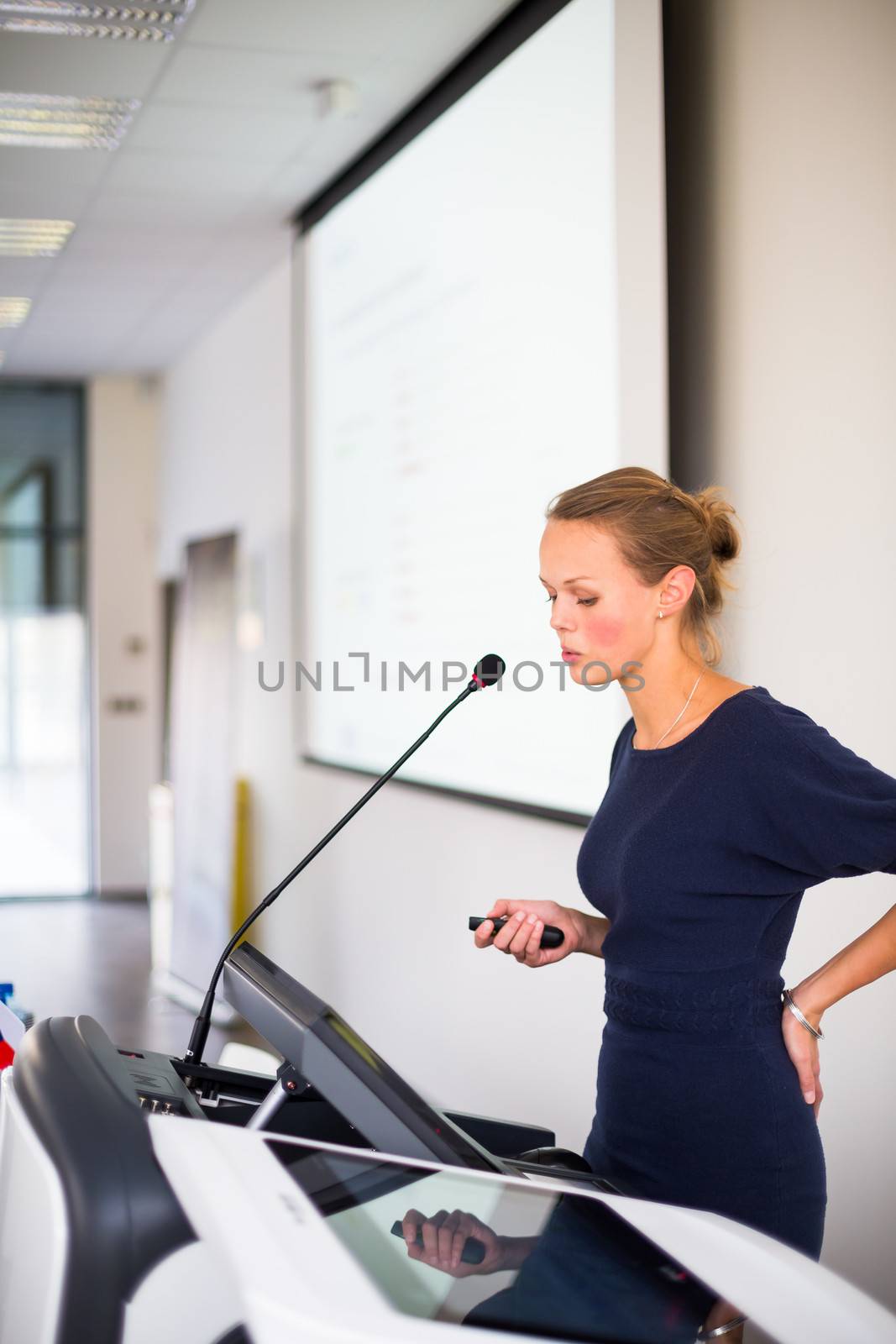 Pretty, young business woman giving a presentation in a conference/meeting setting (shallow DOF; color toned image)