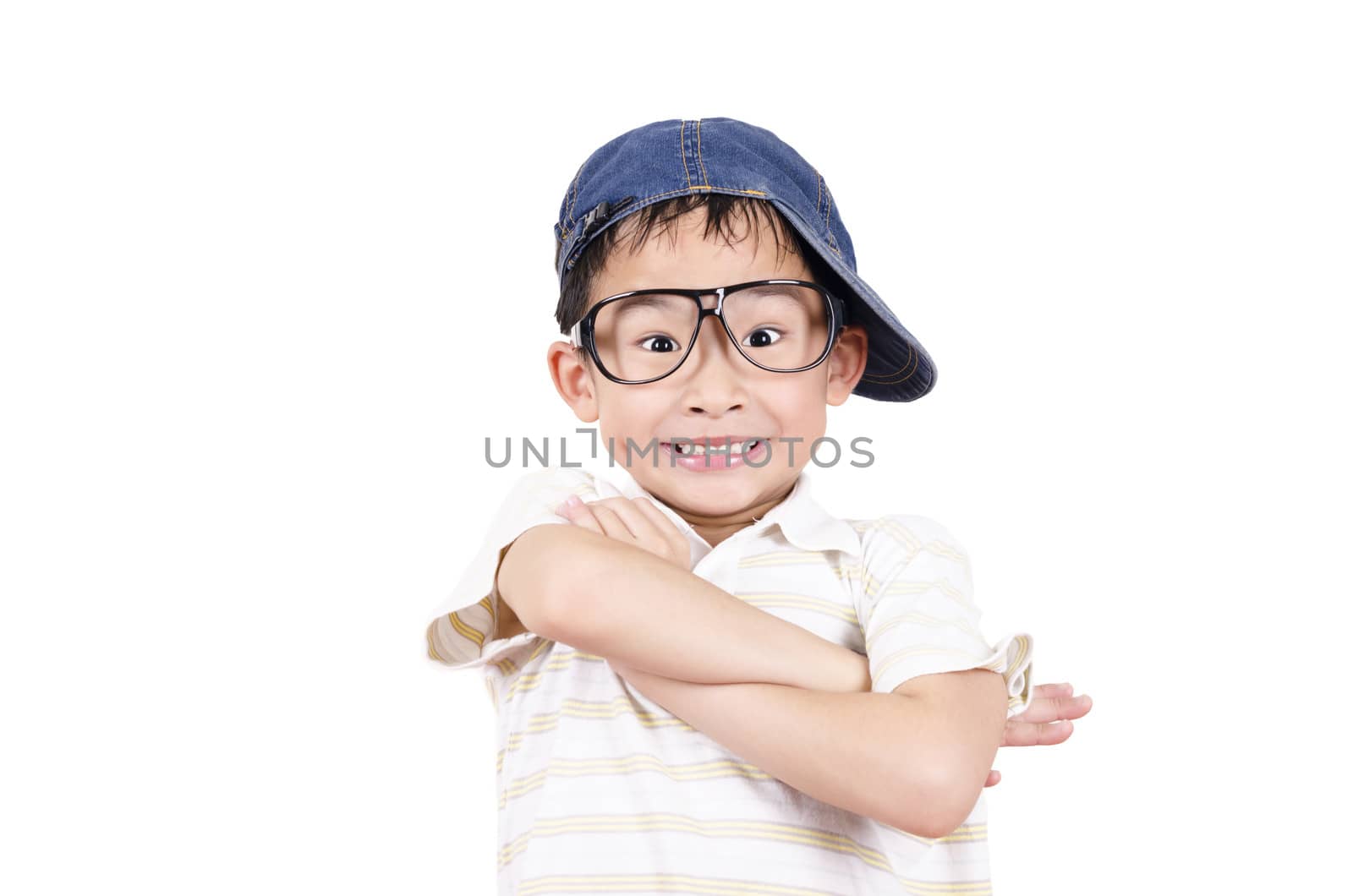 Cute little boy arm folded on white background