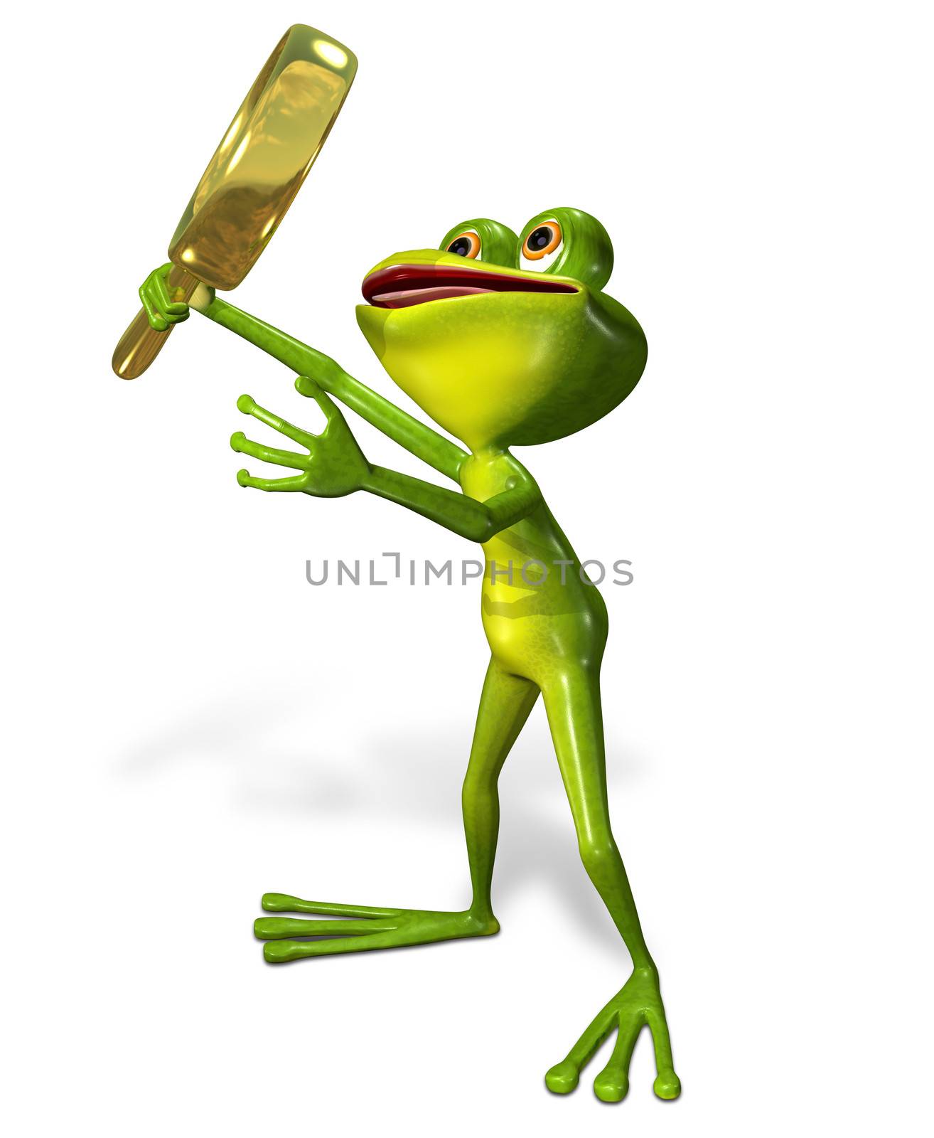 3d illustration merry green frog with magnifying