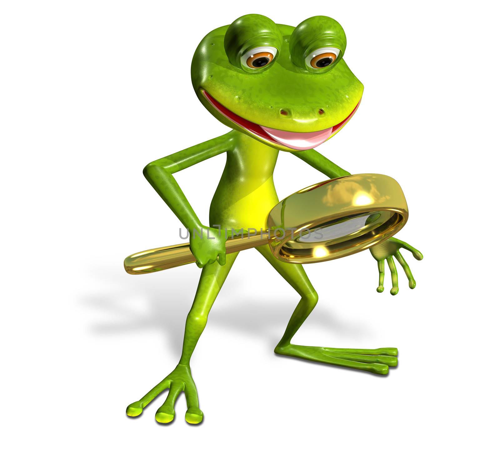 3d illustration merry green frog with magnifying