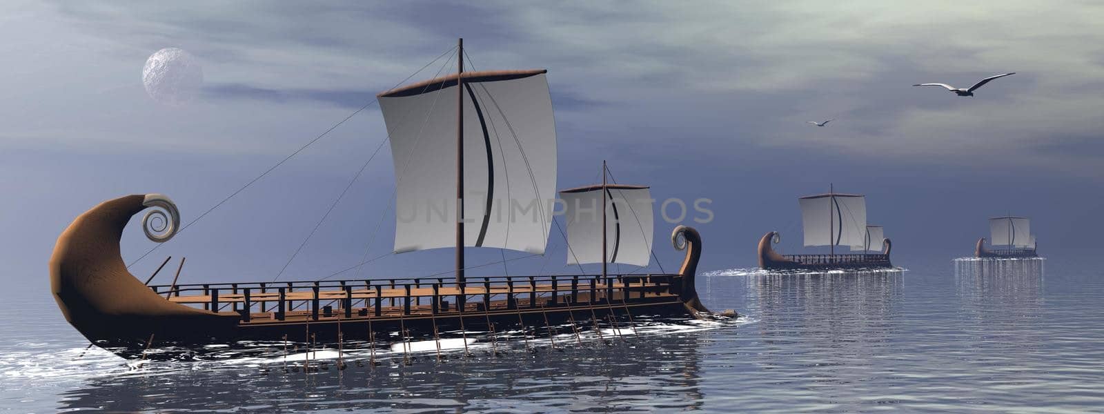 Three old greek trireme boats on the ocean by cloudy night with full moon