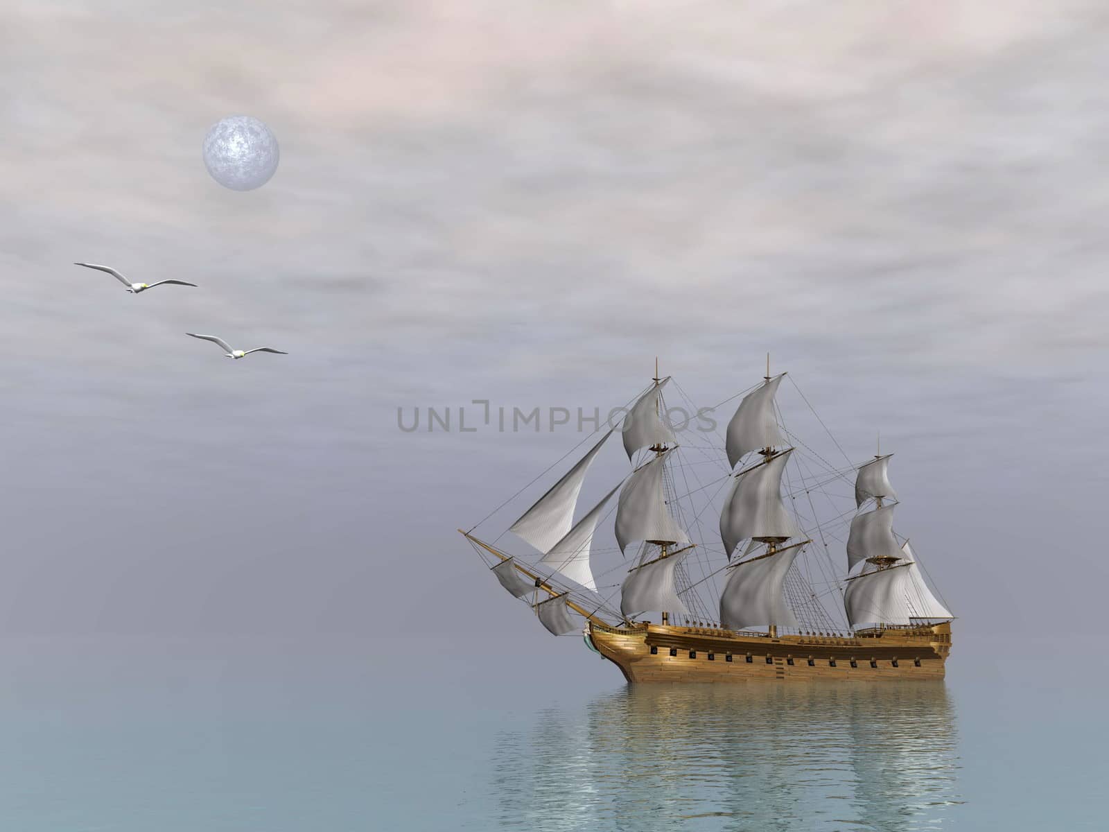 Beautiful detailed old merchant ship on quiet ocean near seagulls and full moon by night